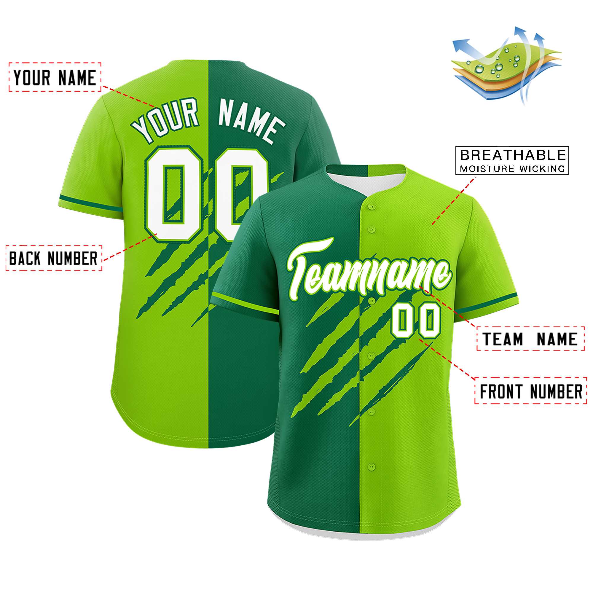 Custom Kelly Green Neon Green Split Tiger Claw Scratch Pattern Baseball Jersey