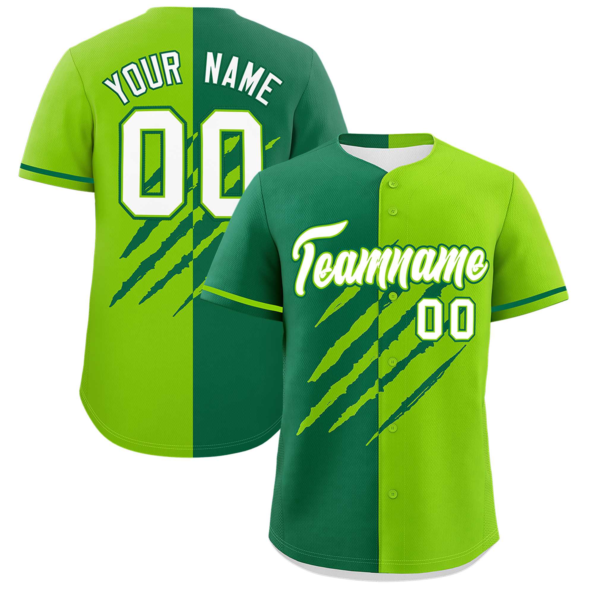 Custom Kelly Green Neon Green Split Tiger Claw Scratch Pattern Baseball Jersey