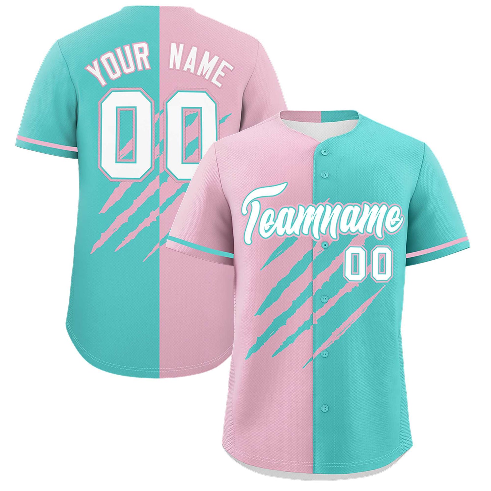 Custom Light Pink Bright Green Split Tiger Claw Scratch Pattern Baseball Jersey