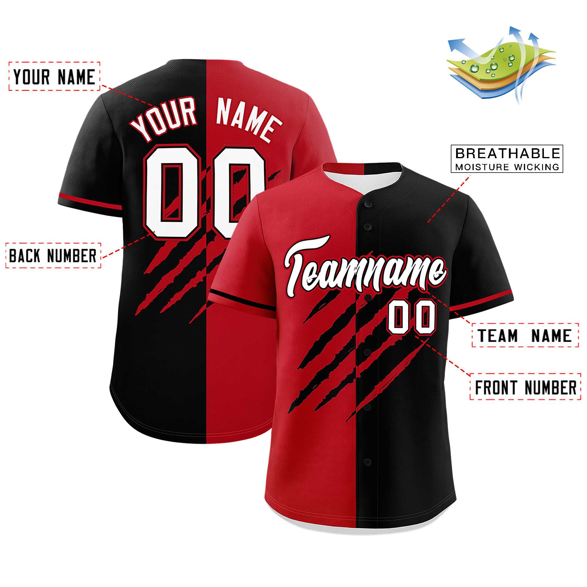 Custom Red Black Split Tiger Claw Scratch Pattern Baseball Jersey