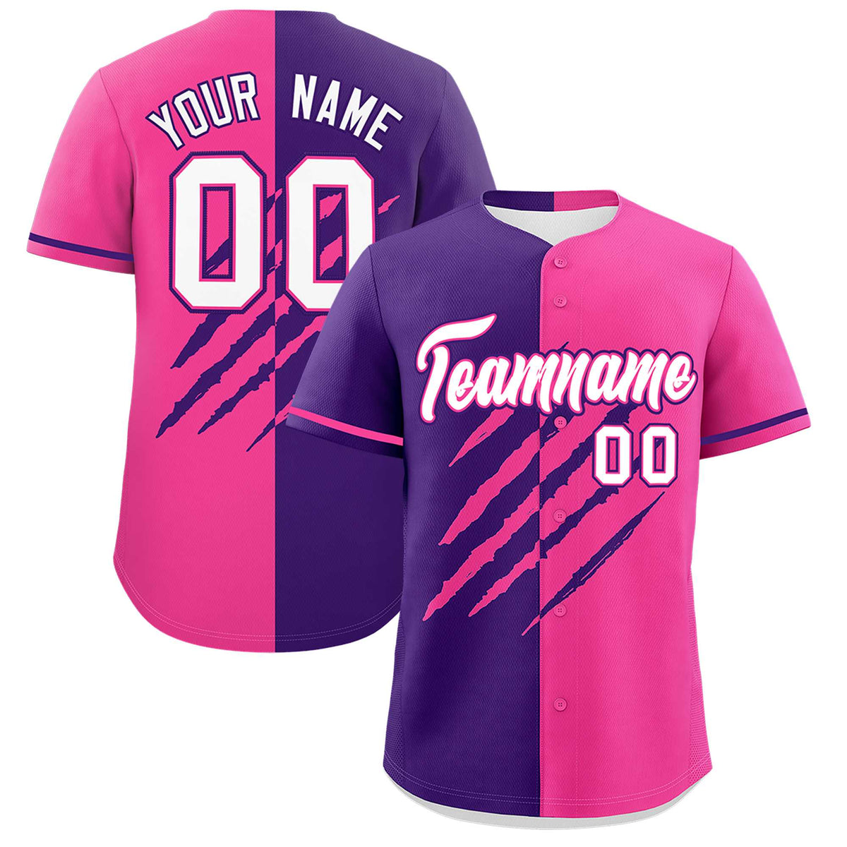 Custom Purple Pink Split Tiger Claw Scratch Pattern Baseball Jersey