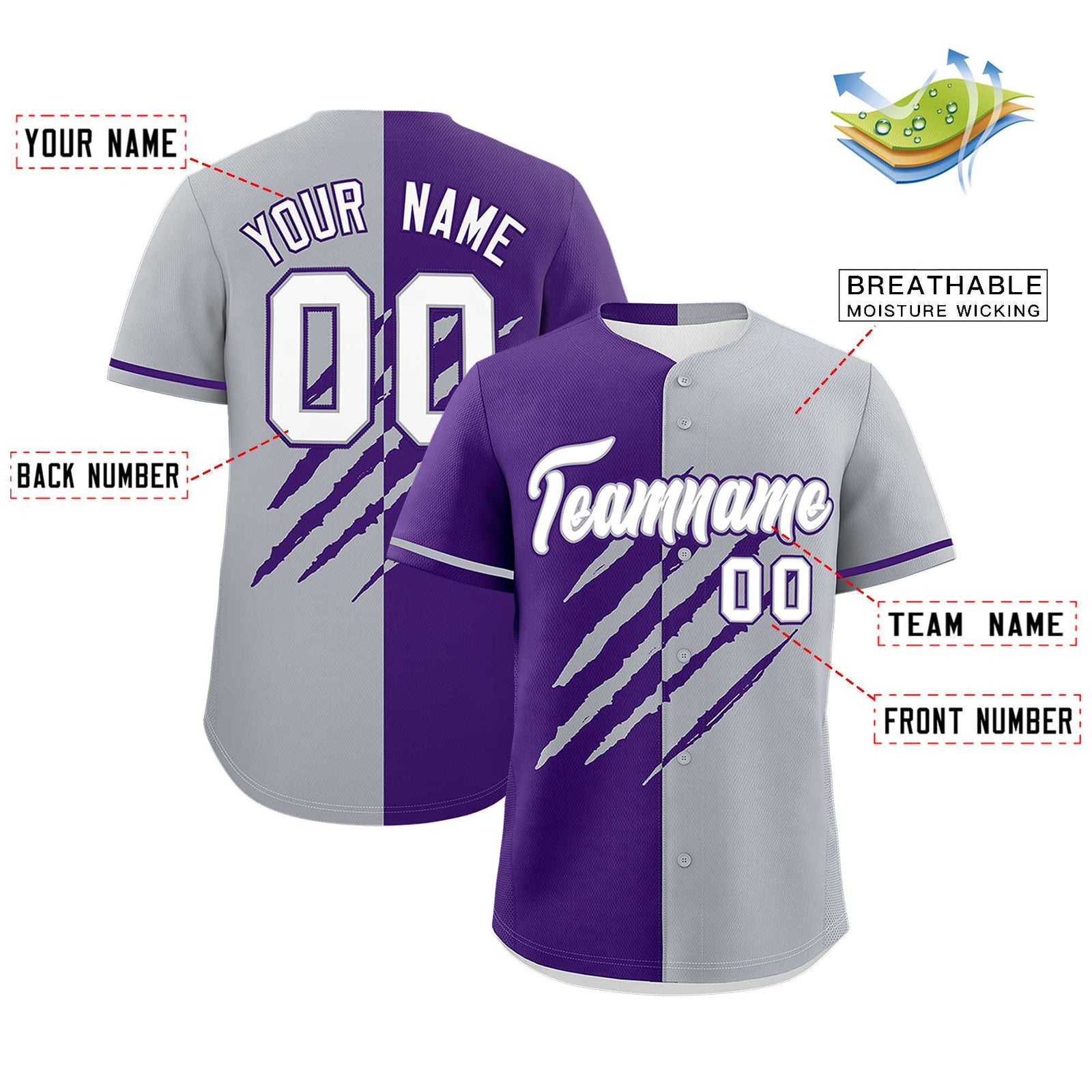 Custom Purple Gray Split Tiger Claw Scratch Pattern Baseball Jersey