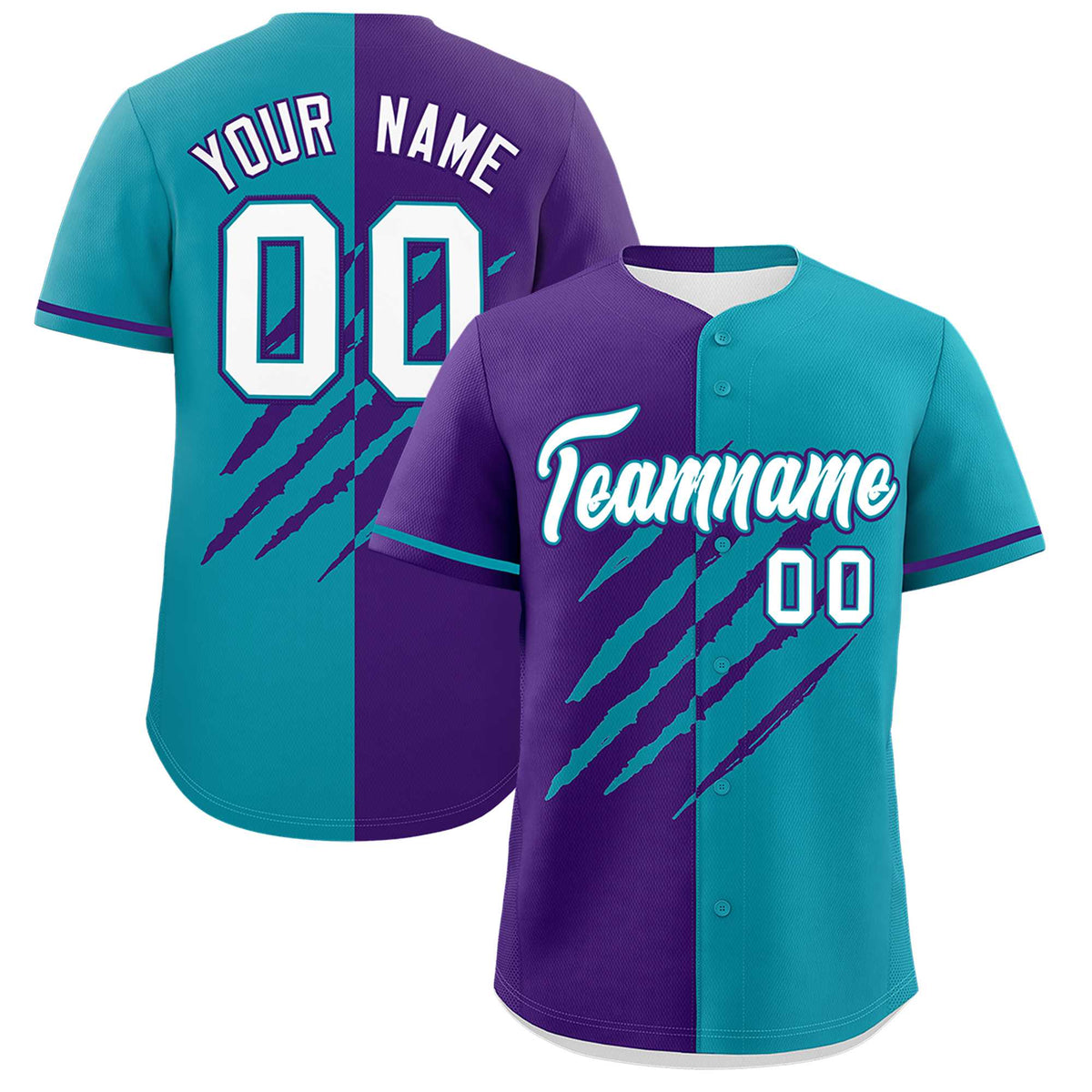 Custom Purple Teal Split Tiger Claw Scratch Pattern Baseball Jersey