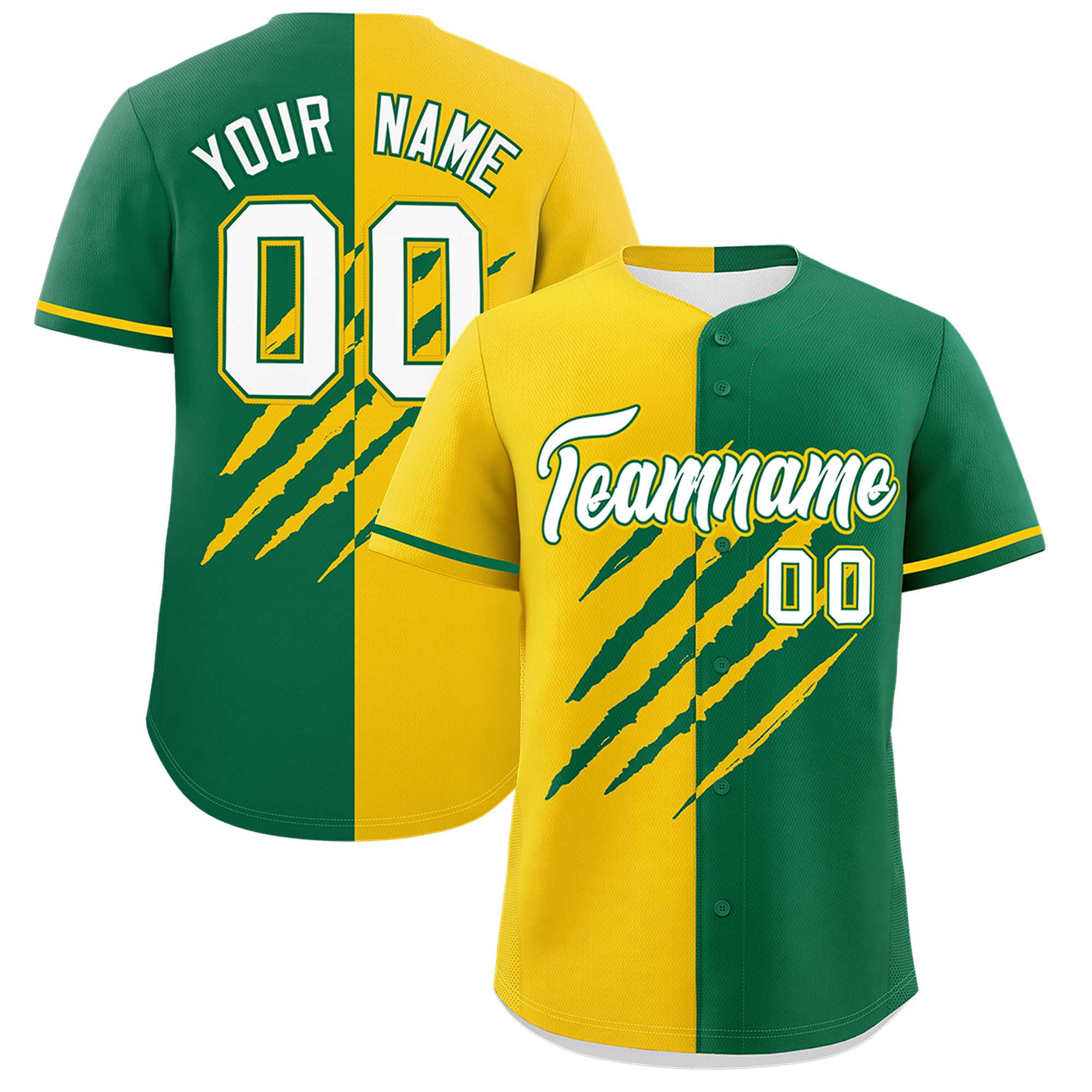 Custom Gold Kelly Green Split Tiger Claw Scratch Pattern Baseball Jersey