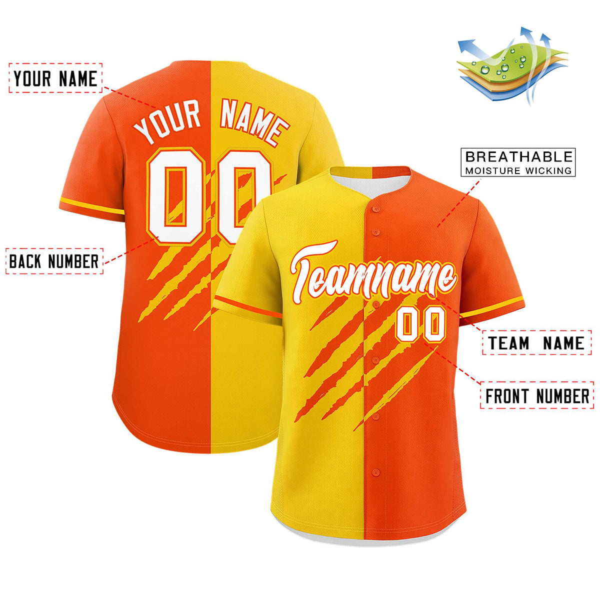 Custom Gold Orange Split Tiger Claw Scratch Pattern Baseball Jersey