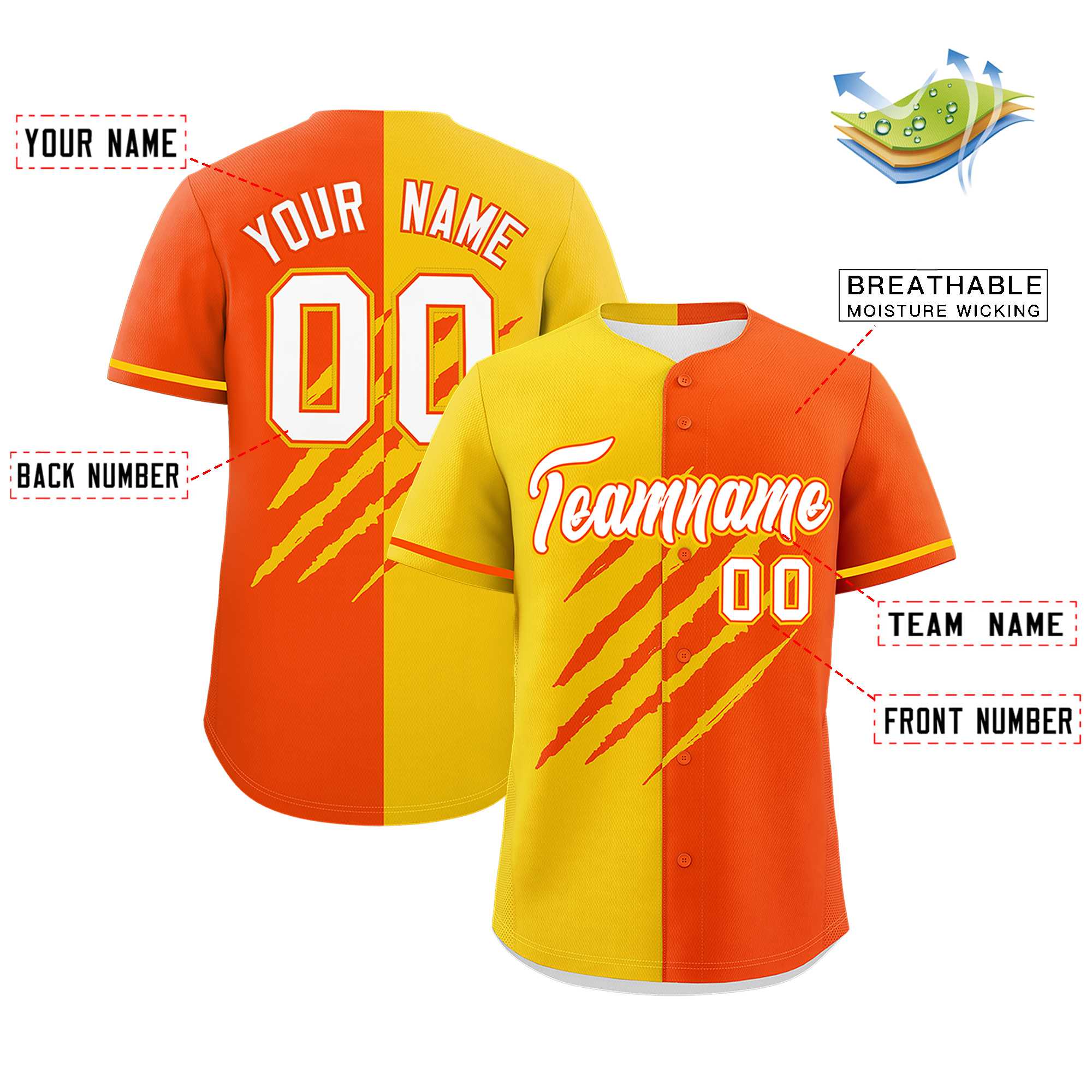 Custom Gold Orange Split Tiger Claw Scratch Pattern Baseball Jersey