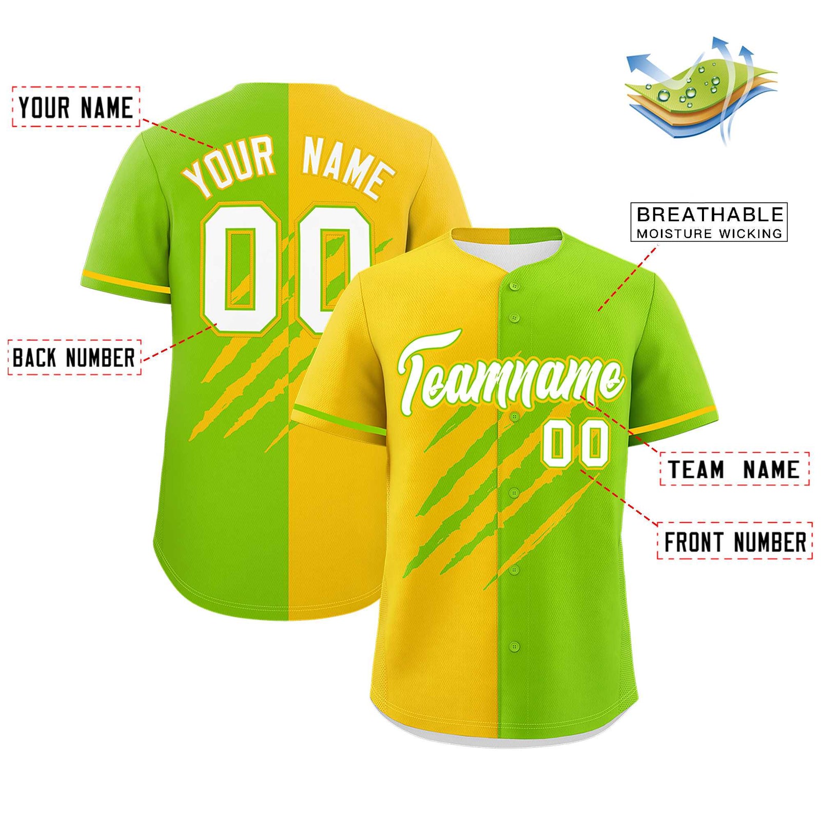 Custom Gold Neon Green Split Tiger Claw Scratch Pattern Baseball Jersey