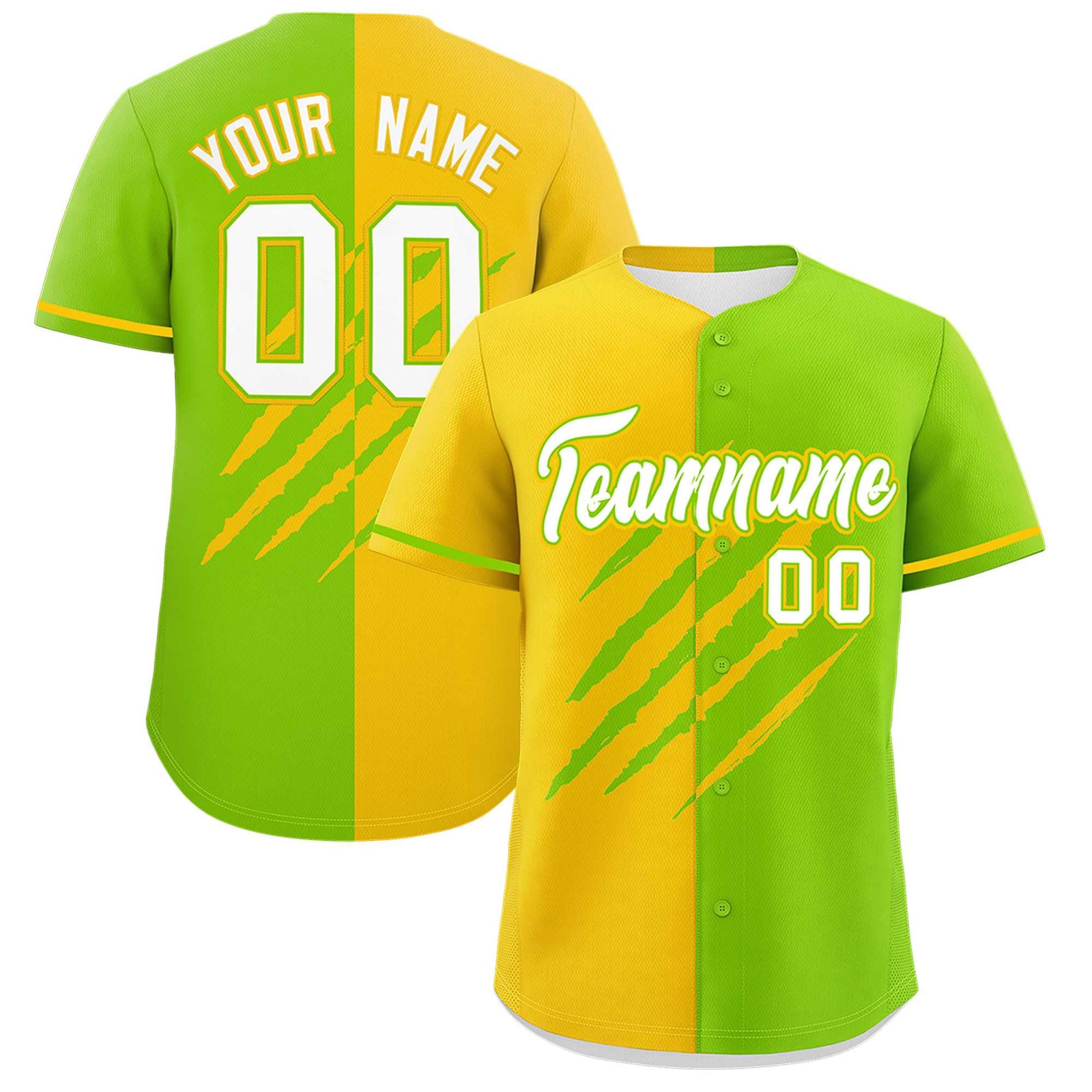 Custom Gold Neon Green Split Tiger Claw Scratch Pattern Baseball Jersey