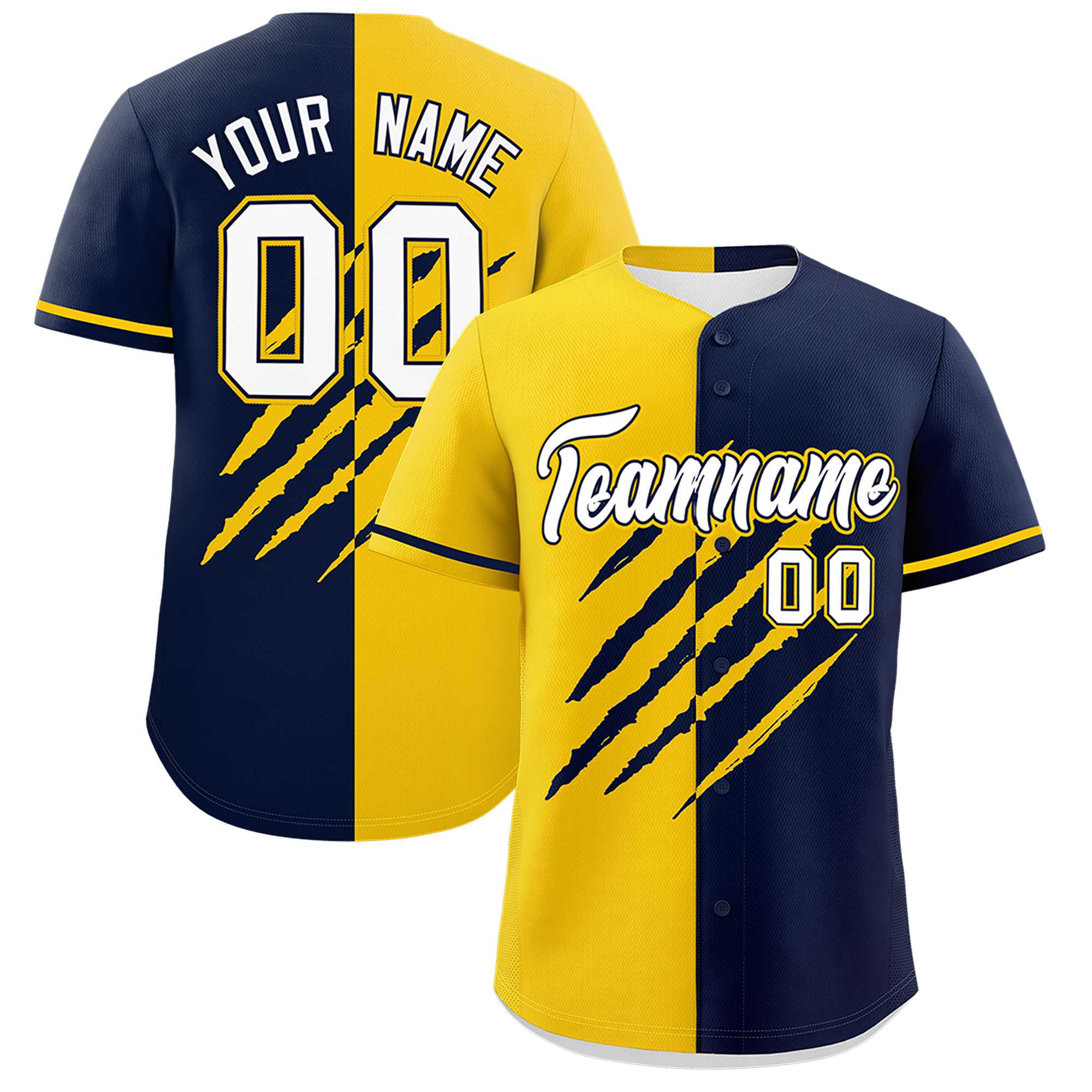 Custom Gold Navy Split Tiger Claw Scratch Pattern Baseball Jersey