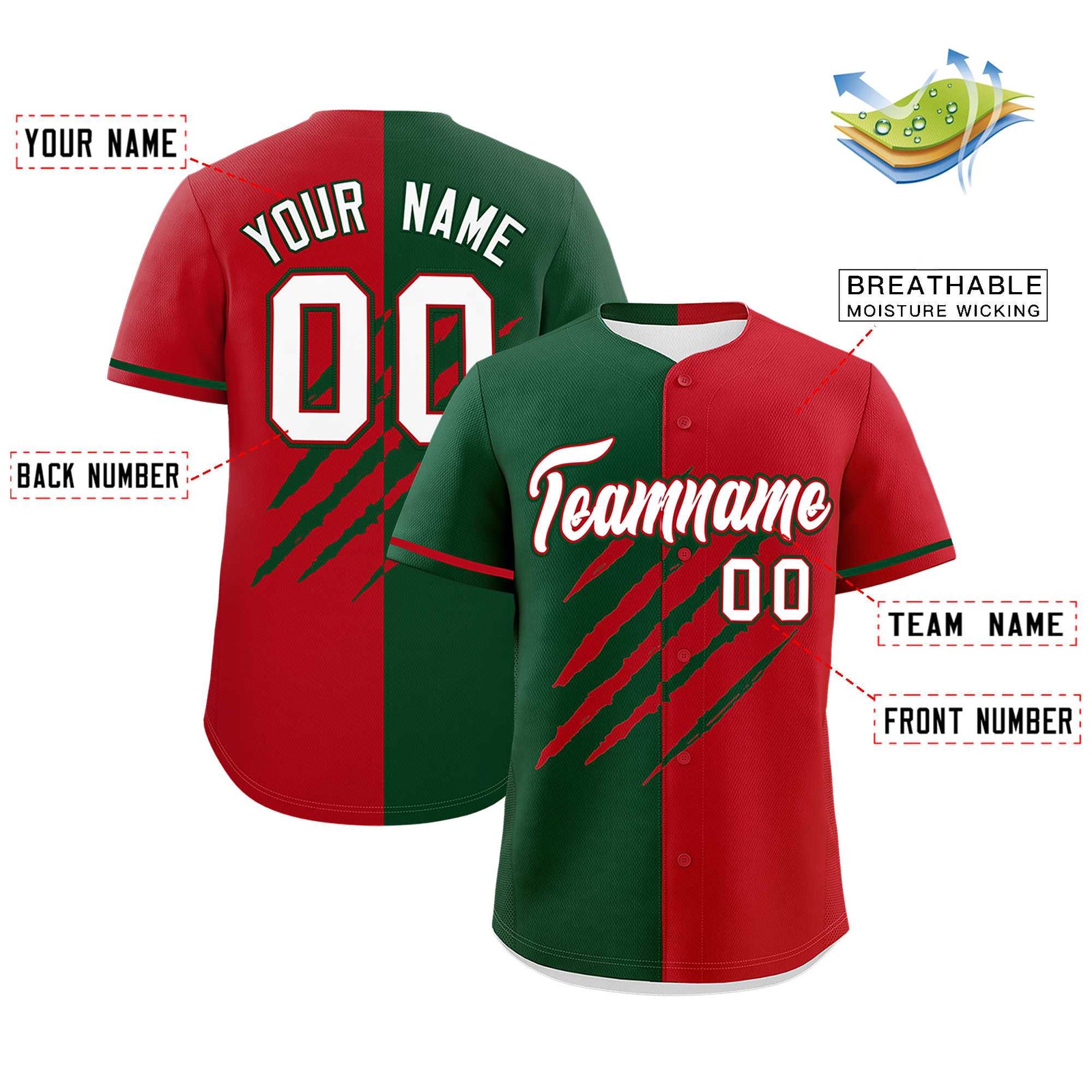 Custom Green Red Split Tiger Claw Scratch Pattern Baseball Jersey
