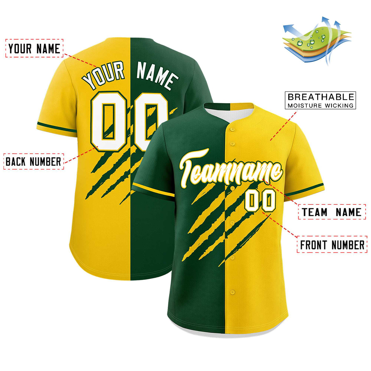 Custom Green Gold Split Tiger Claw Scratch Pattern Baseball Jersey