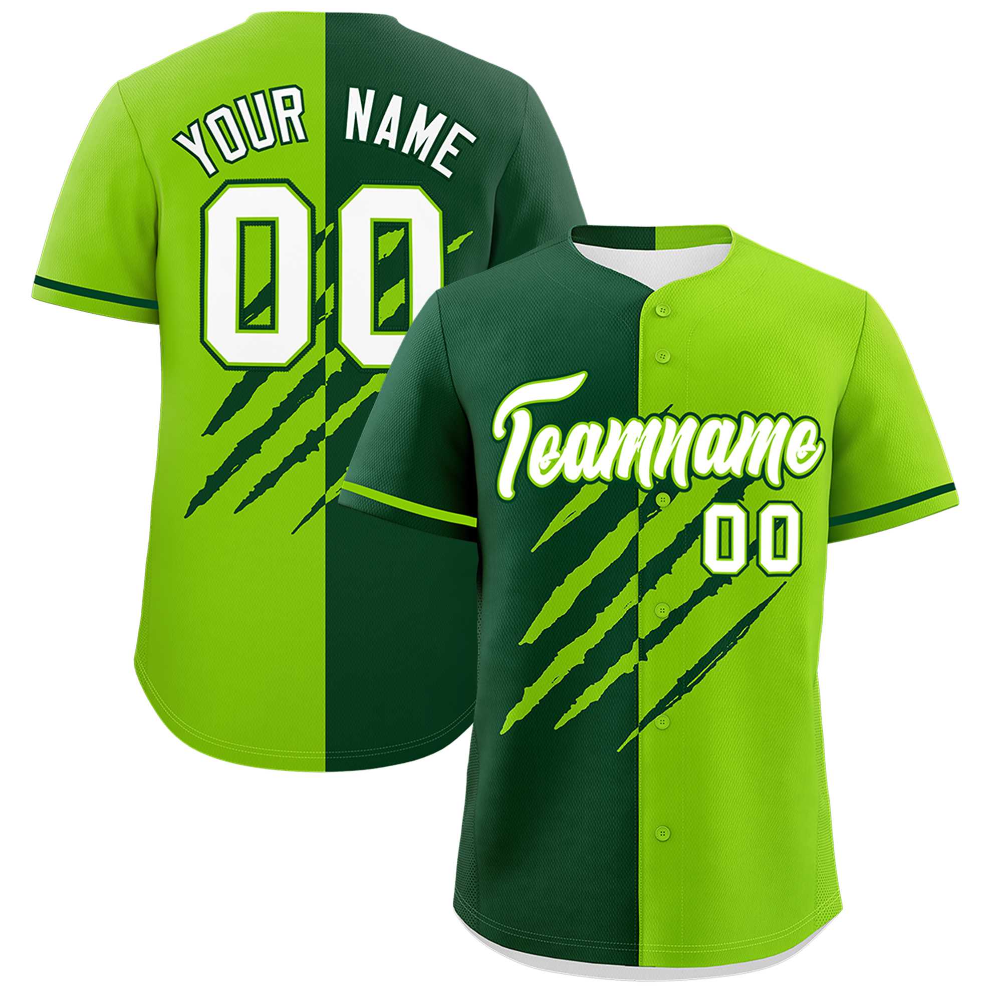 Custom Green Neon Green Split Tiger Claw Scratch Pattern Baseball Jersey