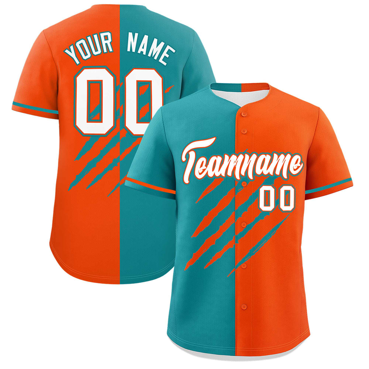 Custom Aqua Orange Split Tiger Claw Scratch Pattern Baseball Jersey