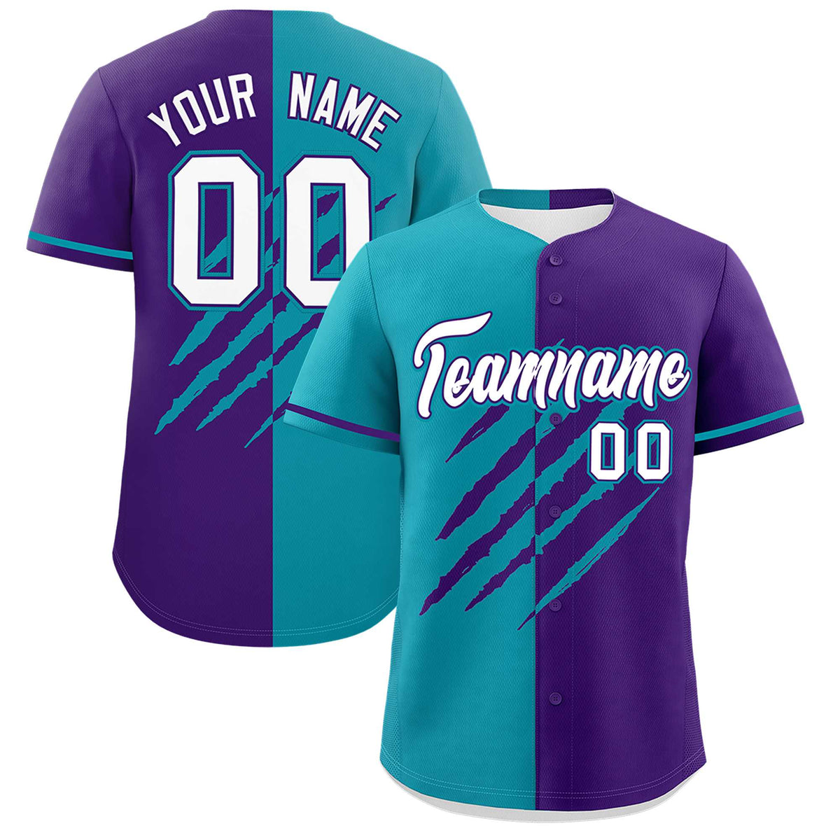 Custom Aqua Purple Split Tiger Claw Scratch Pattern Baseball Jersey