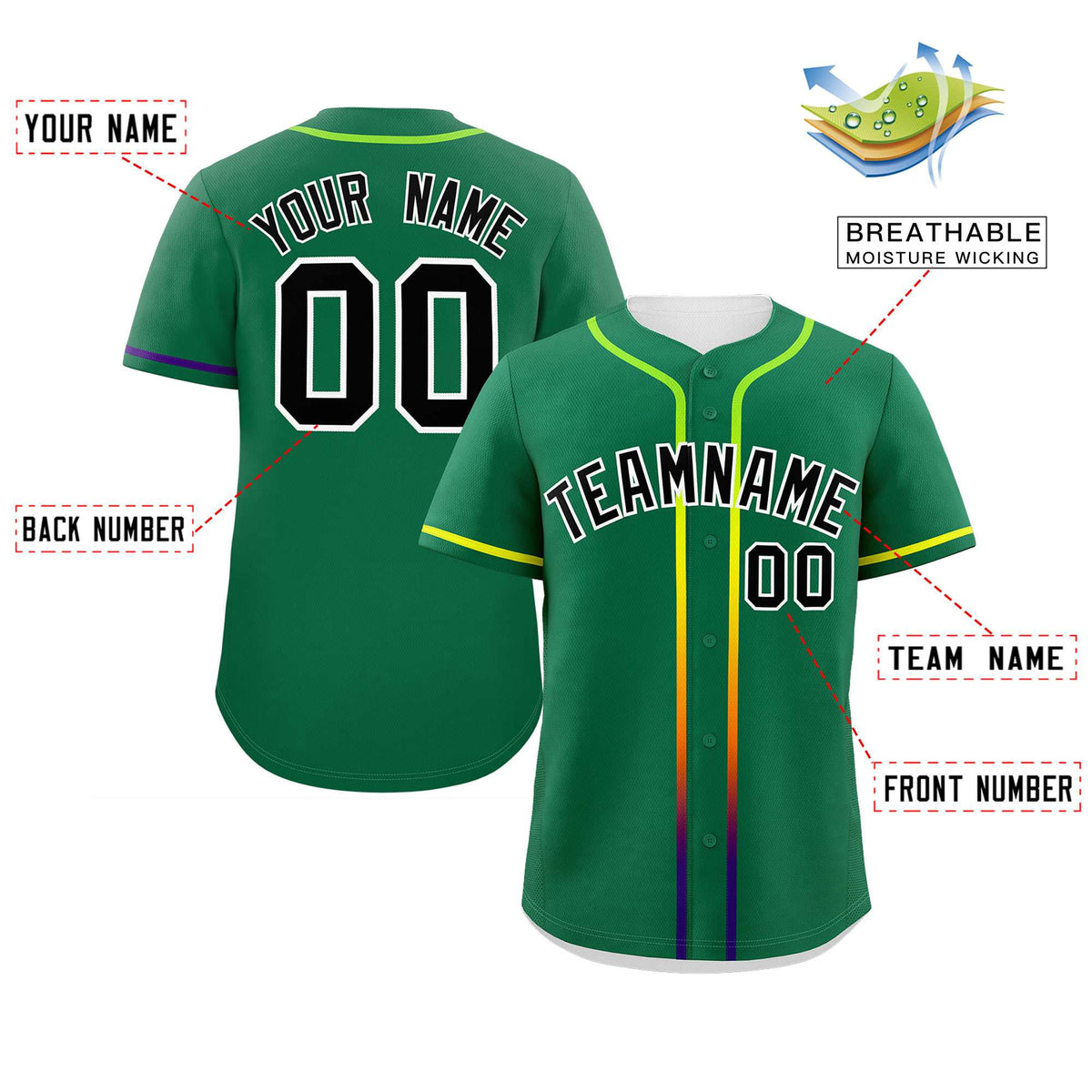 Custom Kelly Green Black Personalized Gradient Ribbed Design Authentic Baseball Jersey