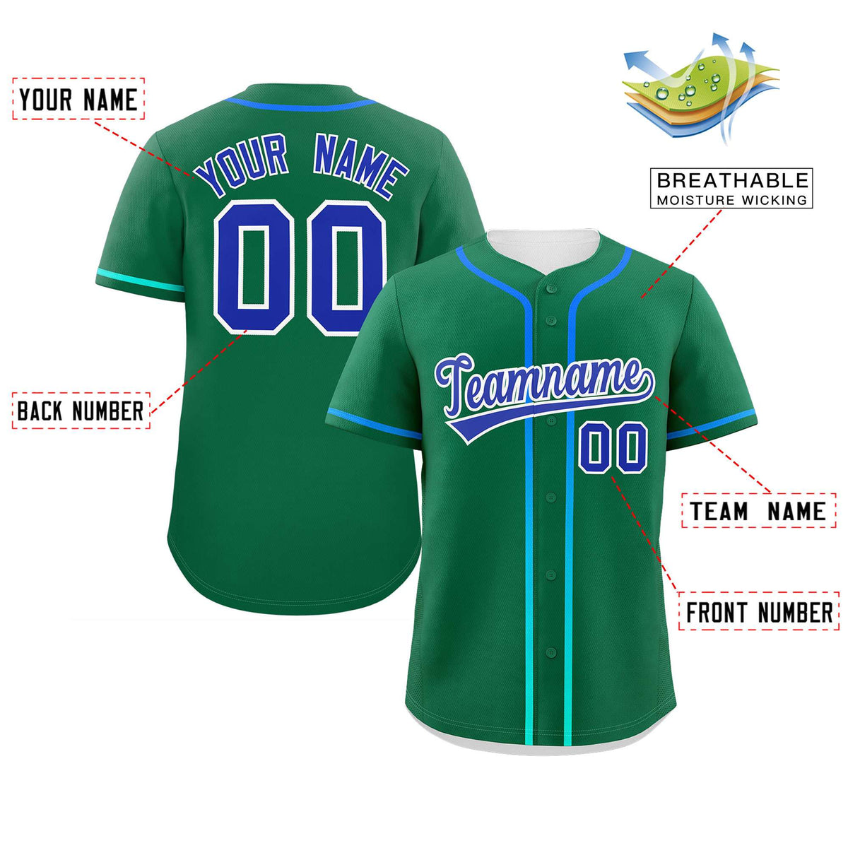 Custom Kelly Green Royal Personalized Gradient Ribbed Design Authentic Baseball Jersey