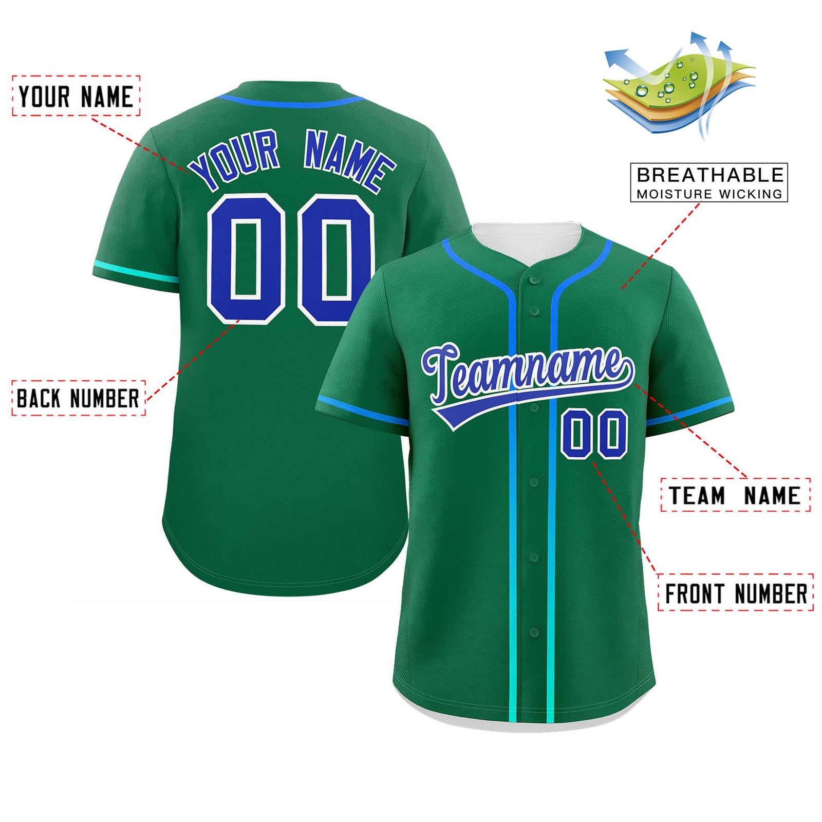 Custom Kelly Green Royal Personalized Gradient Ribbed Design Authentic Baseball Jersey