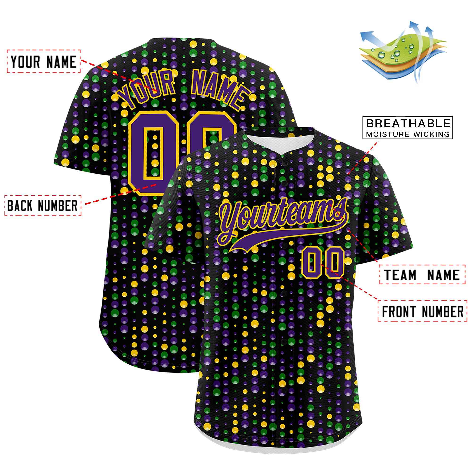 Custom Black Purple Gold Personalization Mardi Gras Authentic Baseball Jersey| KXKSHOP