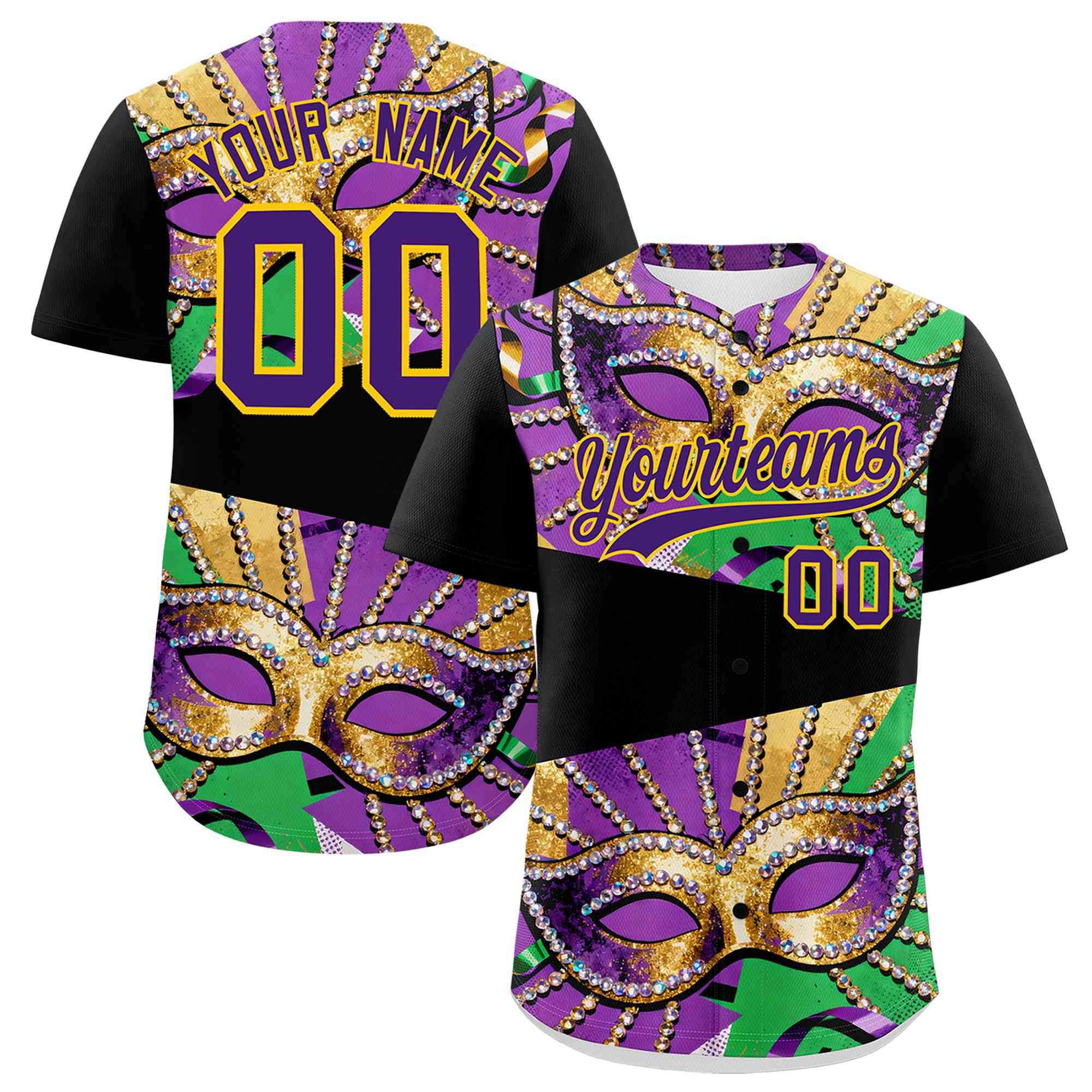 Custom Black Gold Purple Personalization Mardi Gras Authentic Baseball Jersey| KXKSHOP