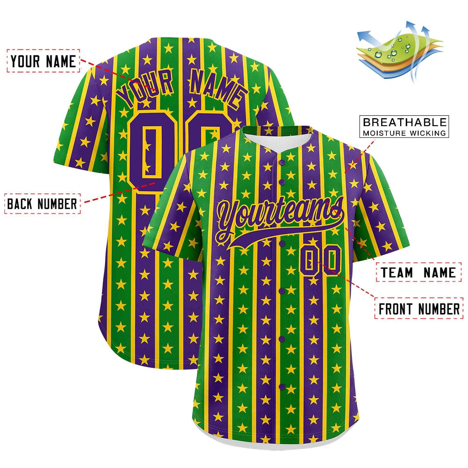 Custom Purple Kelly Green Gold Stripe Personalization Mardi Gras Authentic Baseball Jersey| KXKSHOP