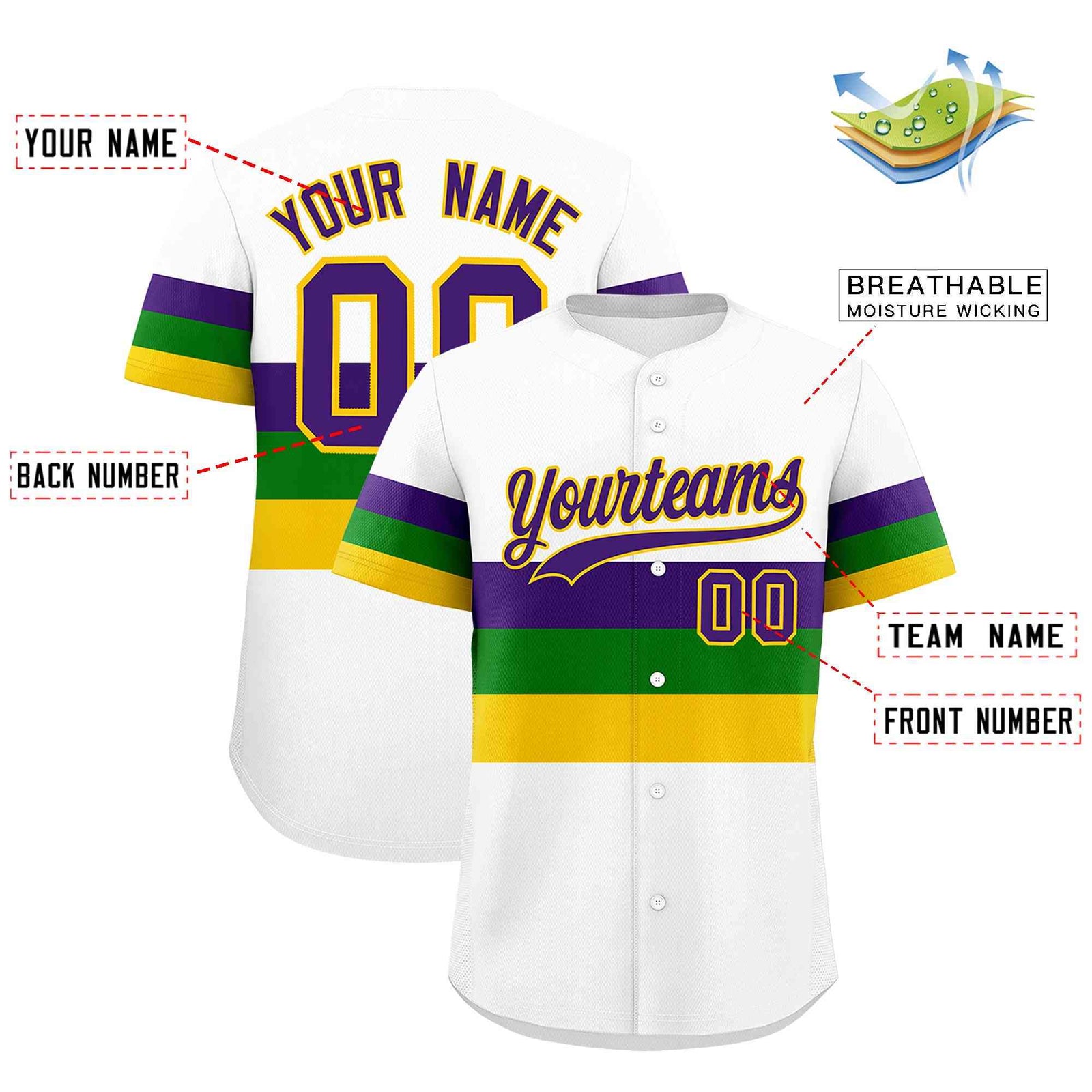 Custom White Purple Kelly Green Gold Personalization Mardi Gras Authentic Baseball Jersey| KXKSHOP
