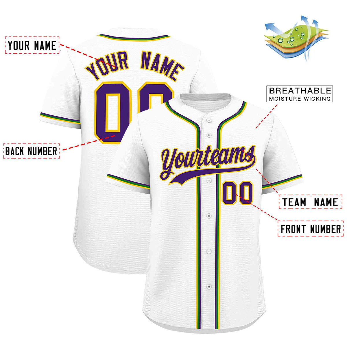 Custom White Purple Gold Kelly Green Personalization Mardi Gras Authentic Baseball Jersey| KXKSHOP
