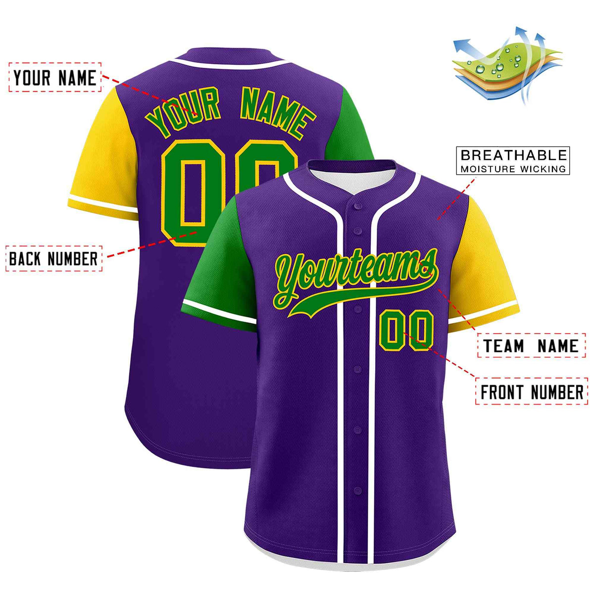 Custom Purple Kelly Green Gold Personalization Mardi Gras Authentic Baseball Jersey| KXKSHOP