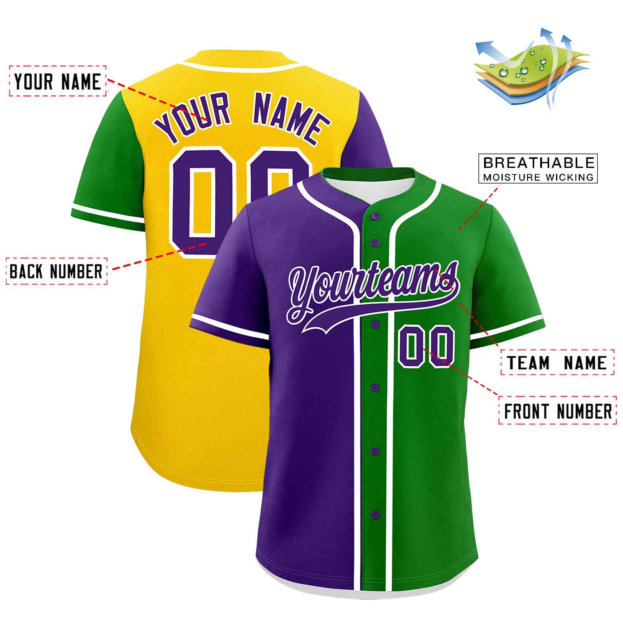 Custom Purple Kelly Green Gold Personalization Split Mardi Gras Authentic Baseball Jersey| KXKSHOP