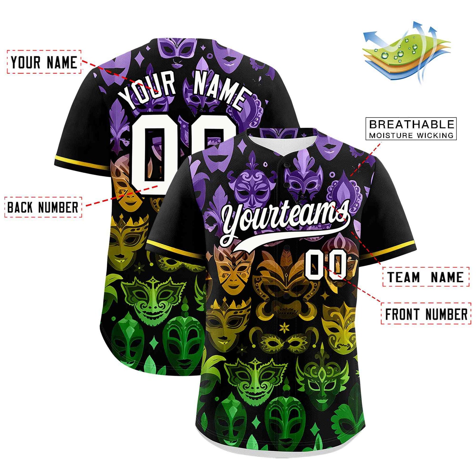 Custom Black White Personalization Mardi Gras Authentic Baseball Jersey| KXKSHOP