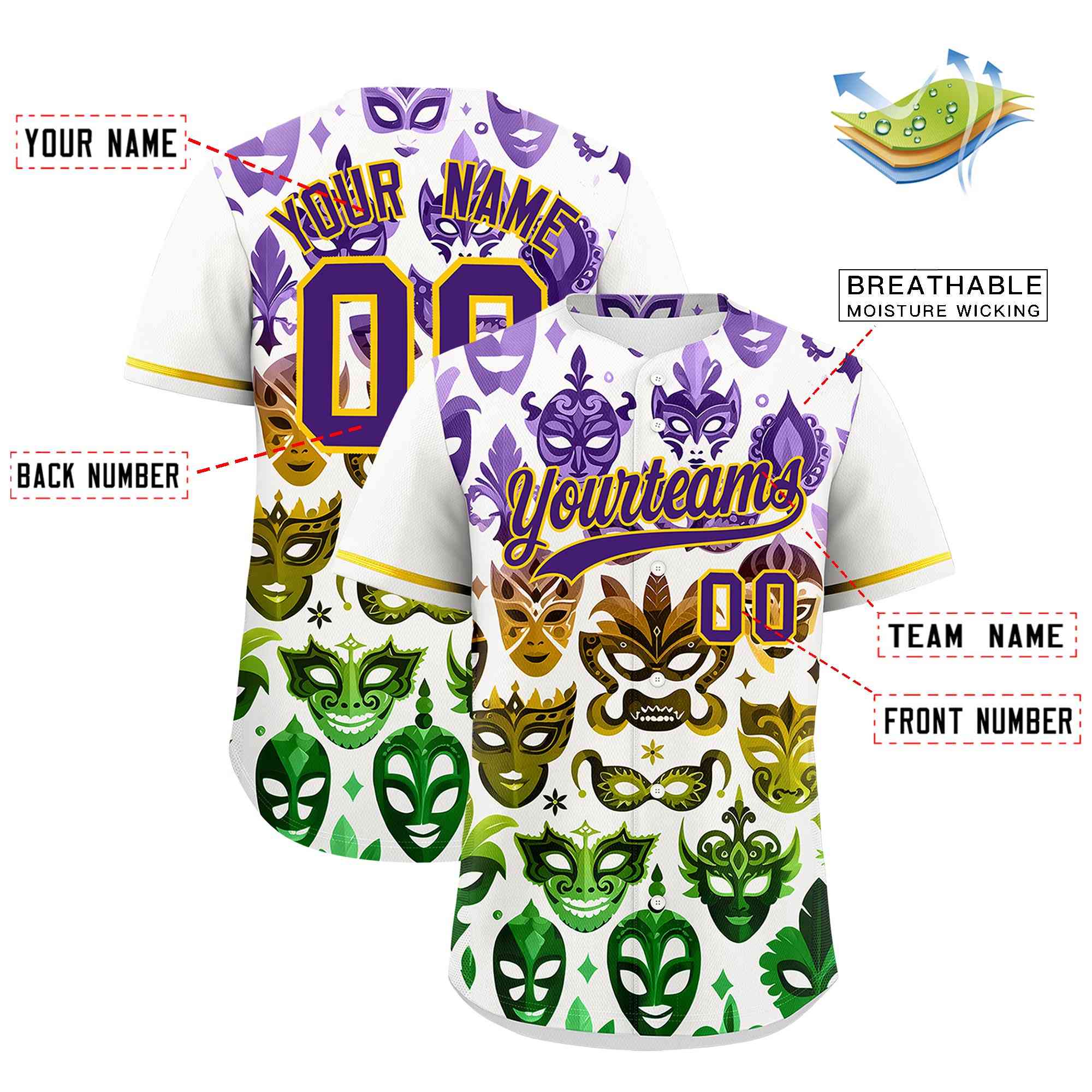 Custom White Purple Gold Personalization Mardi Gras Authentic Baseball Jersey| KXKSHOP