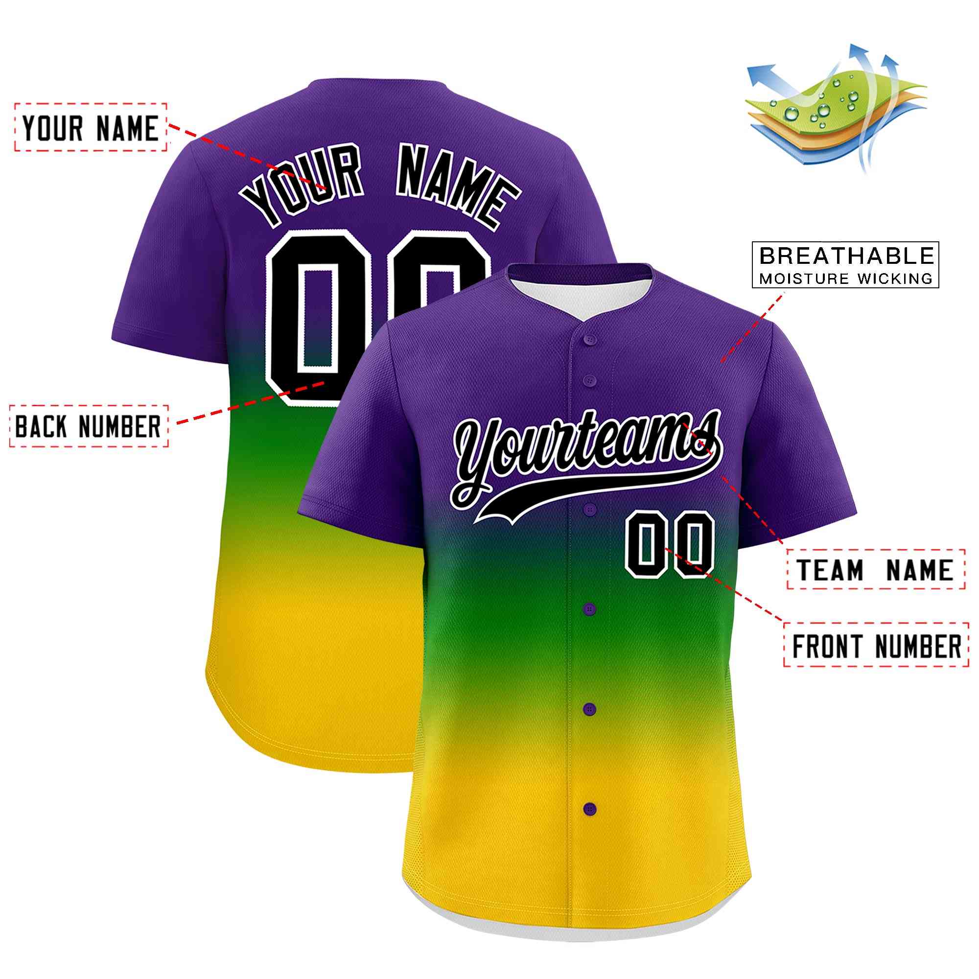 Custom Purple Kelly Green Gold Personalization Gradient Mardi Gras Authentic Baseball Jersey| KXKSHOP