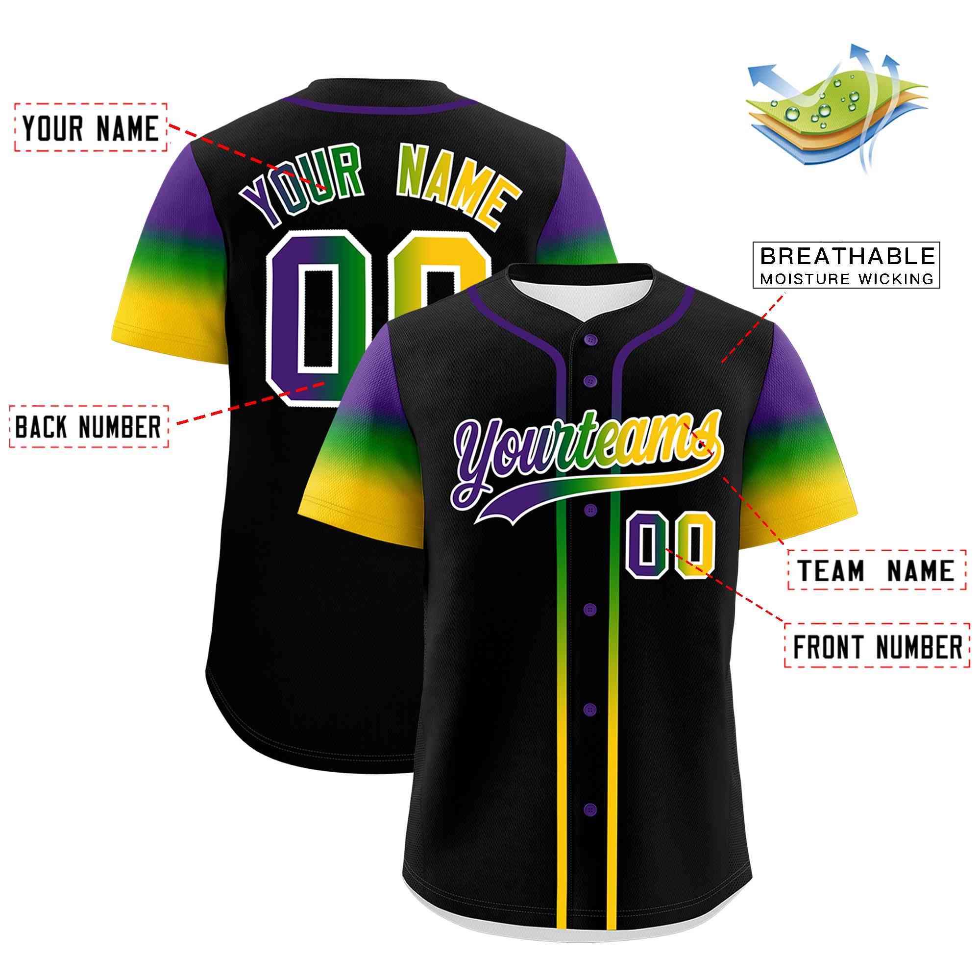 Custom Black Purple Kelly Green Gold Personalization Gradient Mardi Gras Authentic Baseball Jersey| KXKSHOP