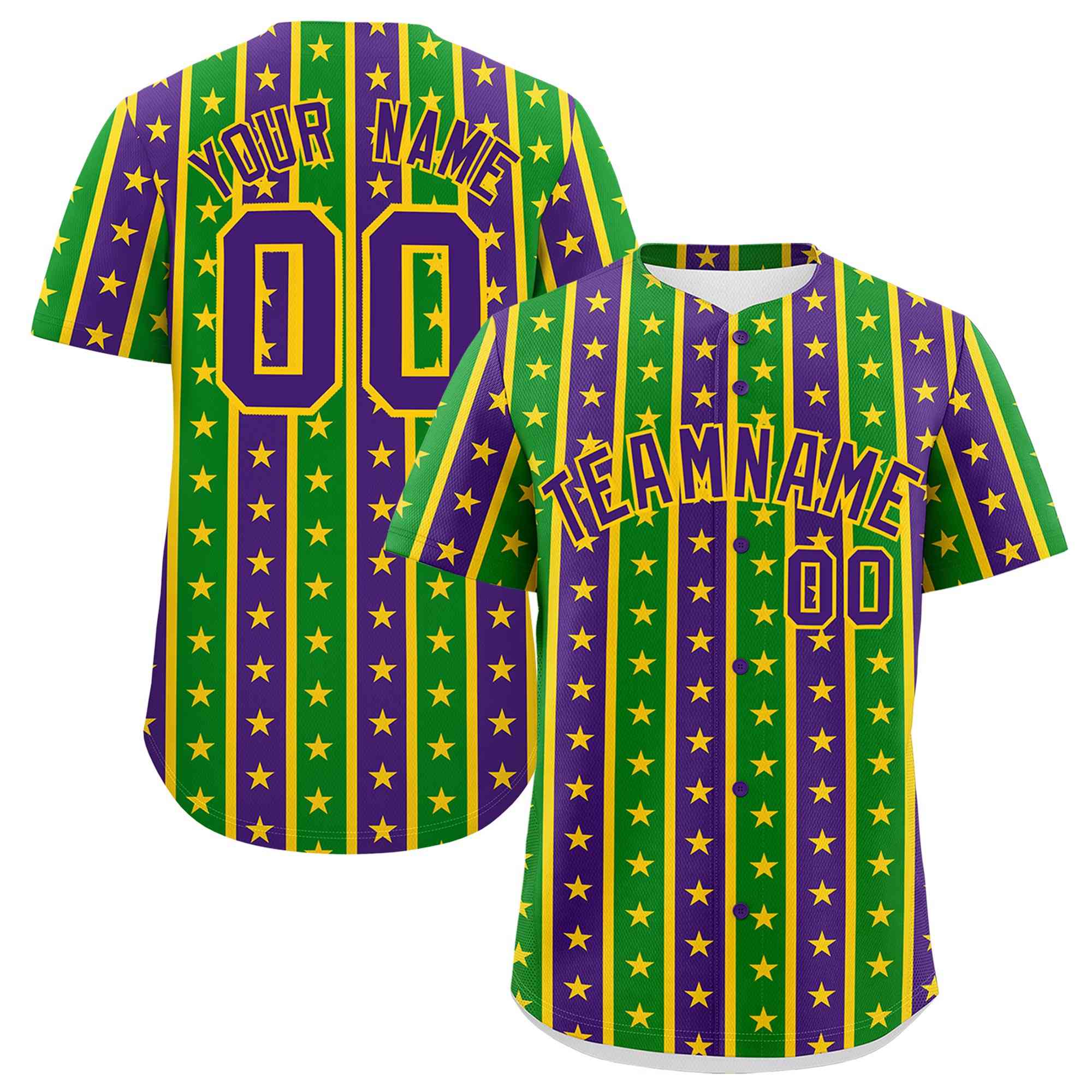 Custom Purple Kelly Green Gold Stripe Personalization Mardi Gras Authentic Baseball Jersey| KXKSHOP