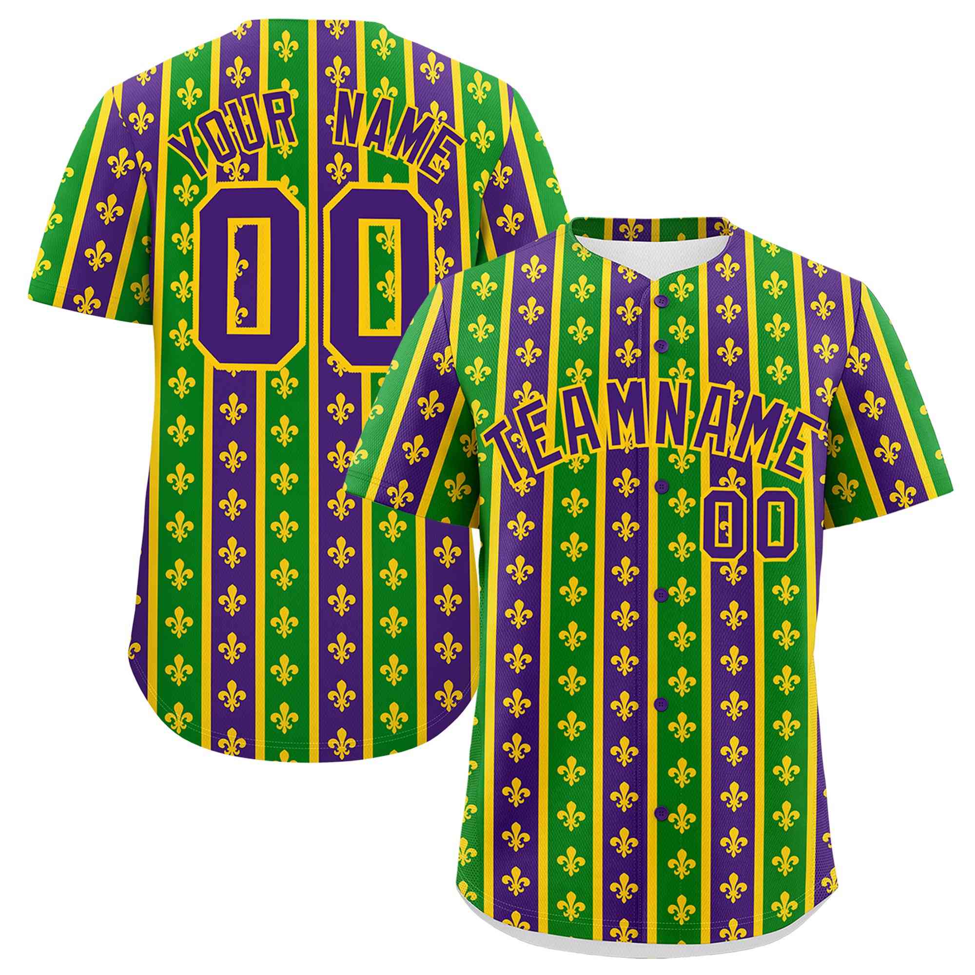 Custom Purple Kelly Green Gold Personalization Stripe Mardi Gras Authentic Baseball Jersey| KXKSHOP