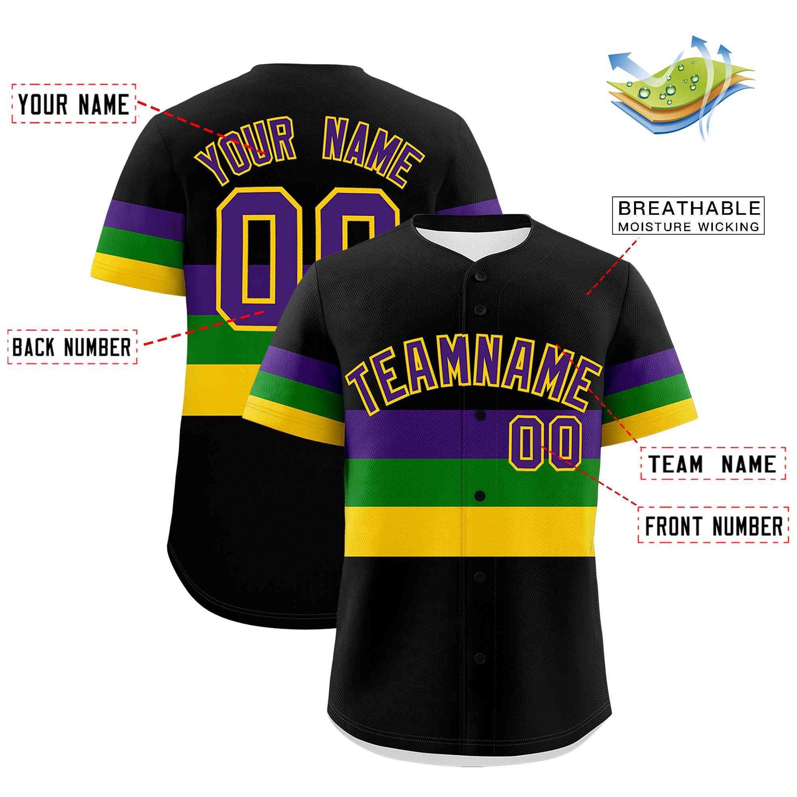 Custom Black Purple Kelly Green Gold Personalization Mardi Gras Authentic Baseball Jersey| KXKSHOP