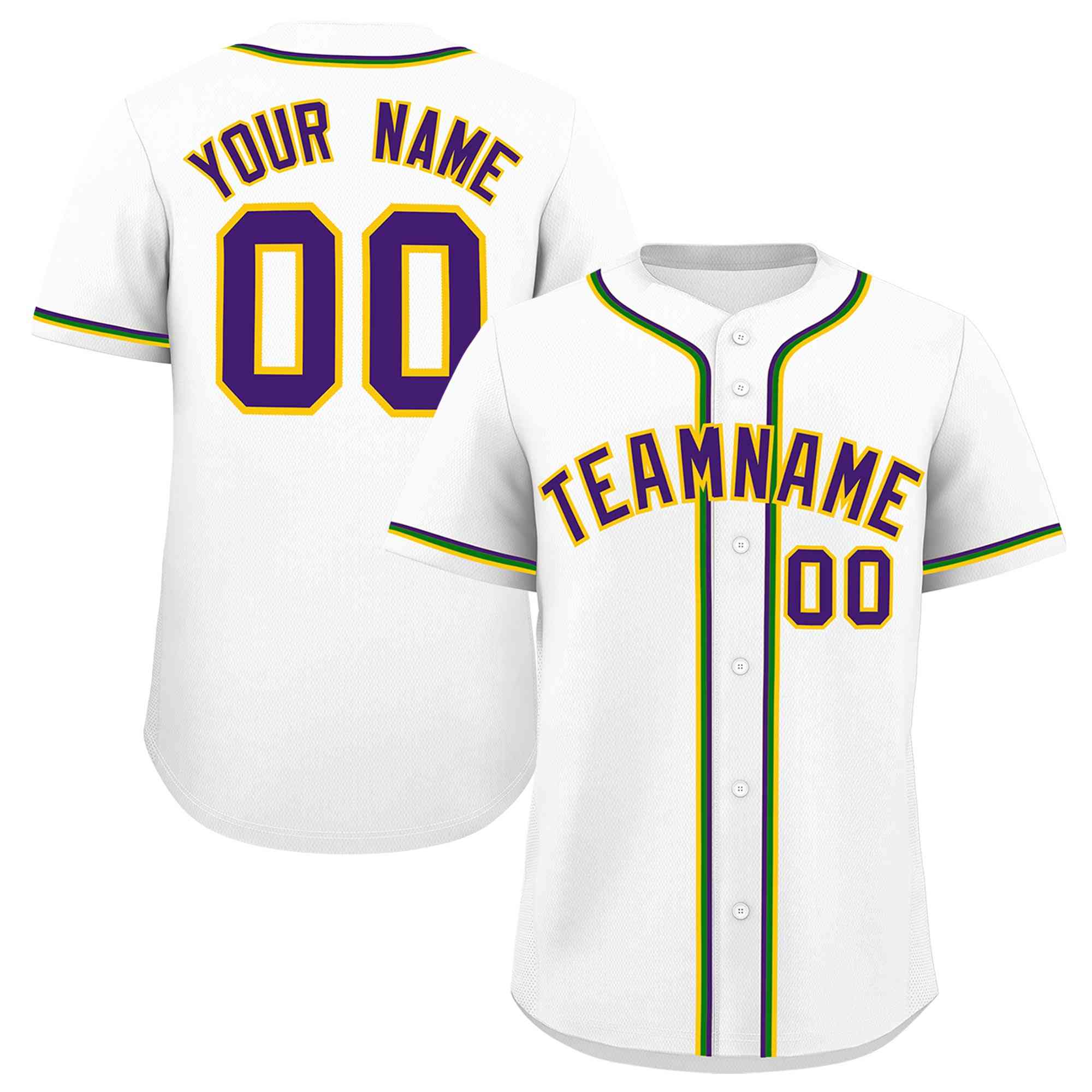 Custom White Purple Gold Kelly Green Personalization Mardi Gras Authentic Baseball Jersey| KXKSHOP