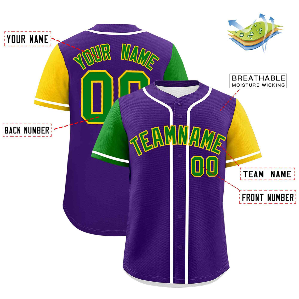 Custom Purple Kelly Green Gold Personalization Mardi Gras Authentic Baseball Jersey| KXKSHOP