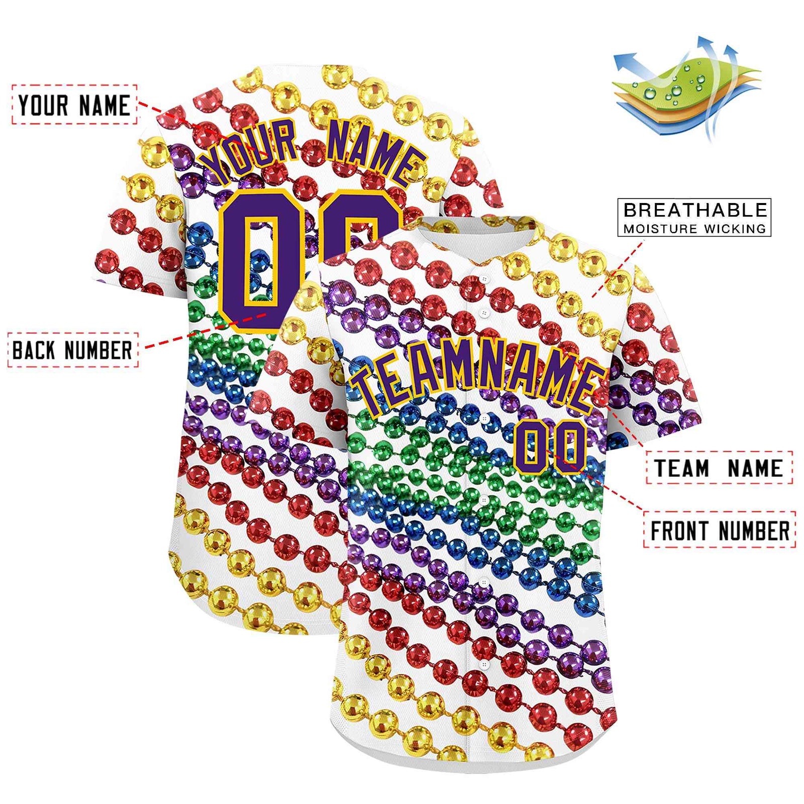 Custom White Purple Gold Personalization Graffiti Mardi Gras Authentic Baseball Jersey| KXKSHOP