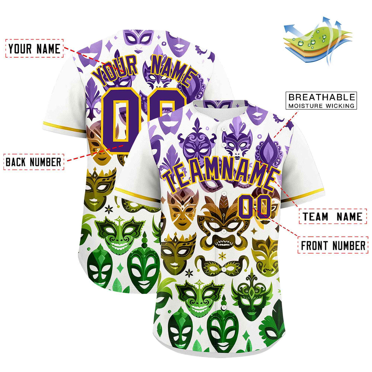 Custom White Purple Gold Personalization Mardi Gras Authentic Baseball Jersey| KXKSHOP