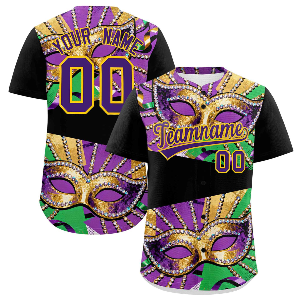 Custom Black Gold Purple Personalization Mardi Gras Authentic Baseball Jersey| KXKSHOP