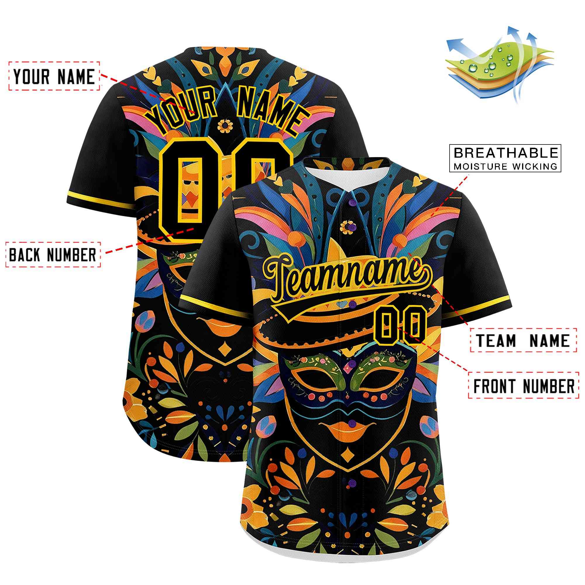 Custom Black Gold Personalization Graffiti Mardi Gras Authentic Baseball Jersey| KXKSHOP