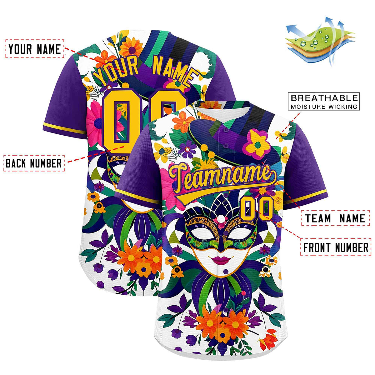 Custom White Purple Personalization Mardi Gras Authentic Baseball Jersey| KXKSHOP