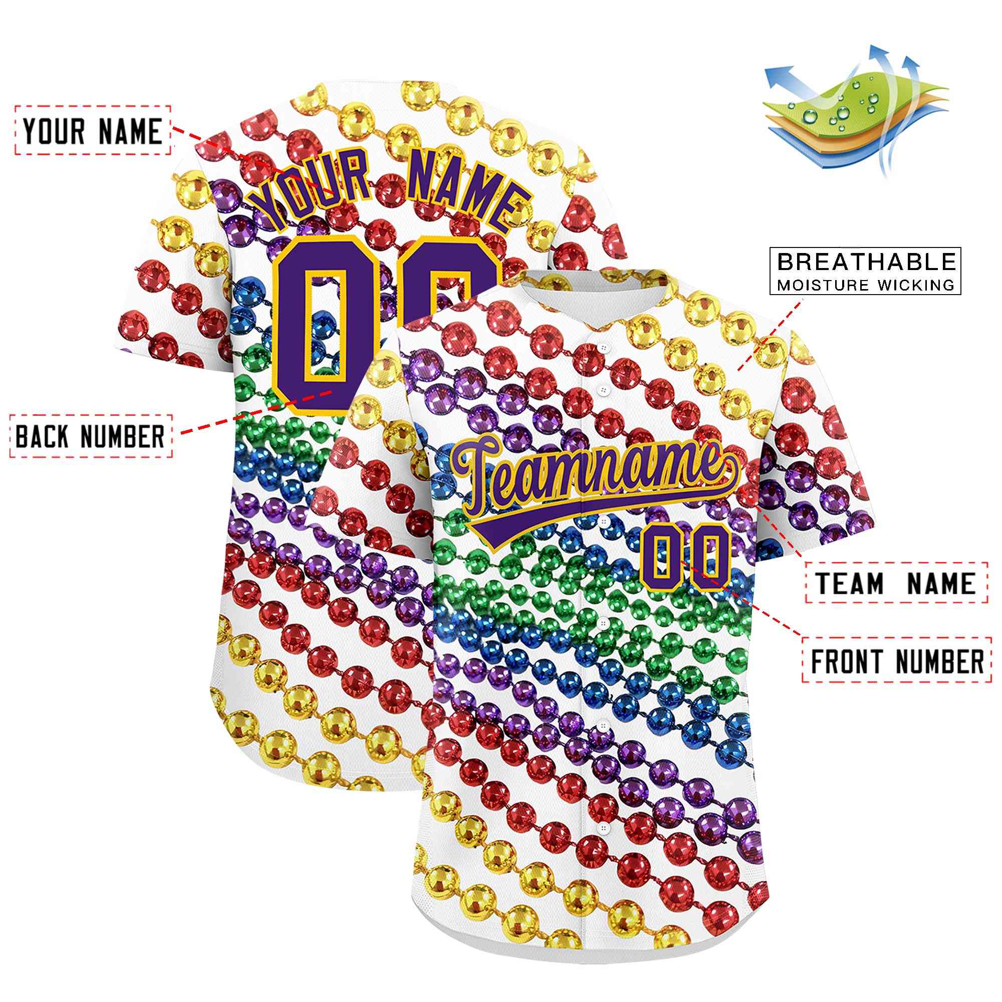 Custom White Purple Gold Personalization Graffiti Mardi Gras Authentic Baseball Jersey| KXKSHOP