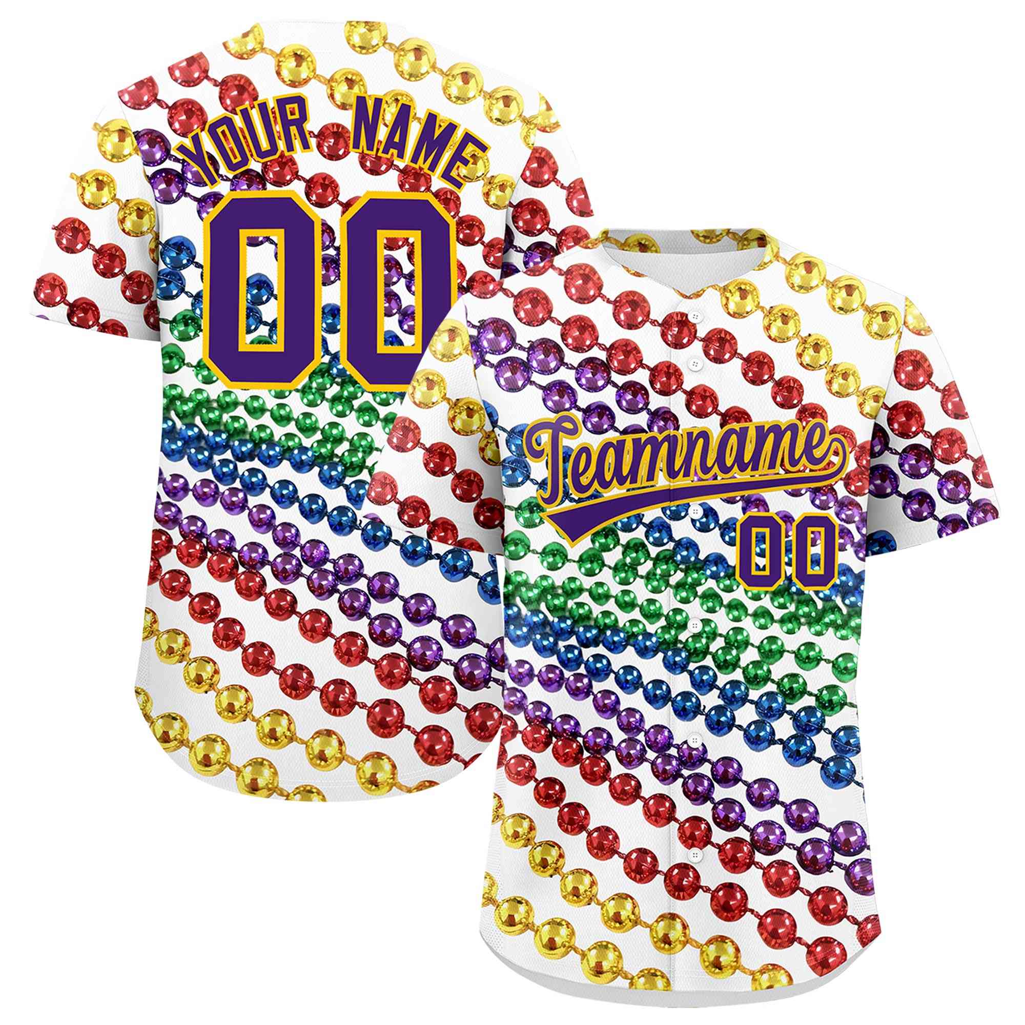 Custom White Purple Gold Personalization Graffiti Mardi Gras Authentic Baseball Jersey| KXKSHOP