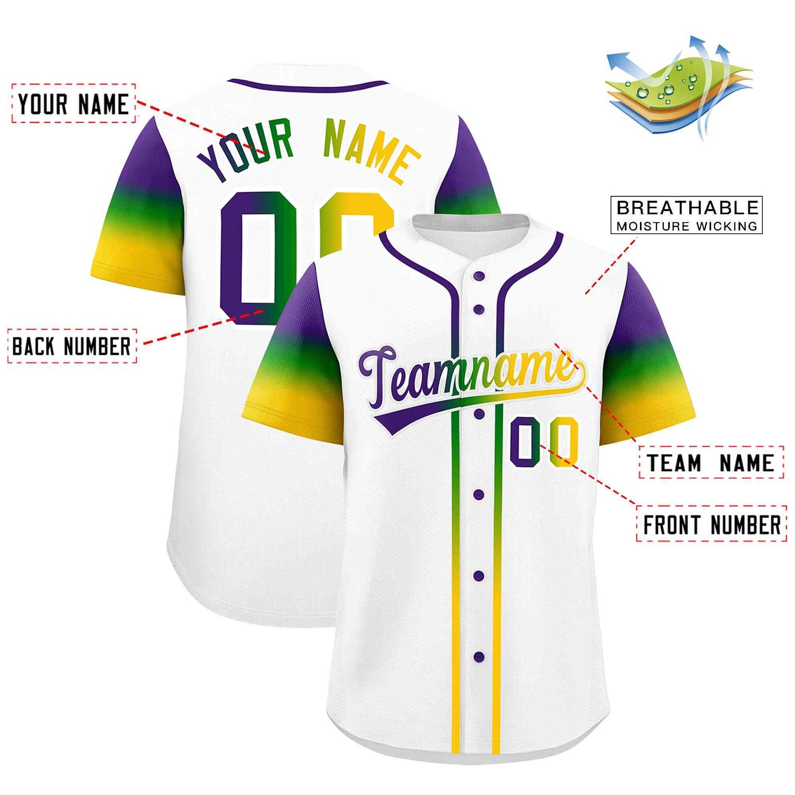 Custom White Purple Kelly Green Gold Personalization Gradient Mardi Gras Authentic Baseball Jersey| KXKSHOP
