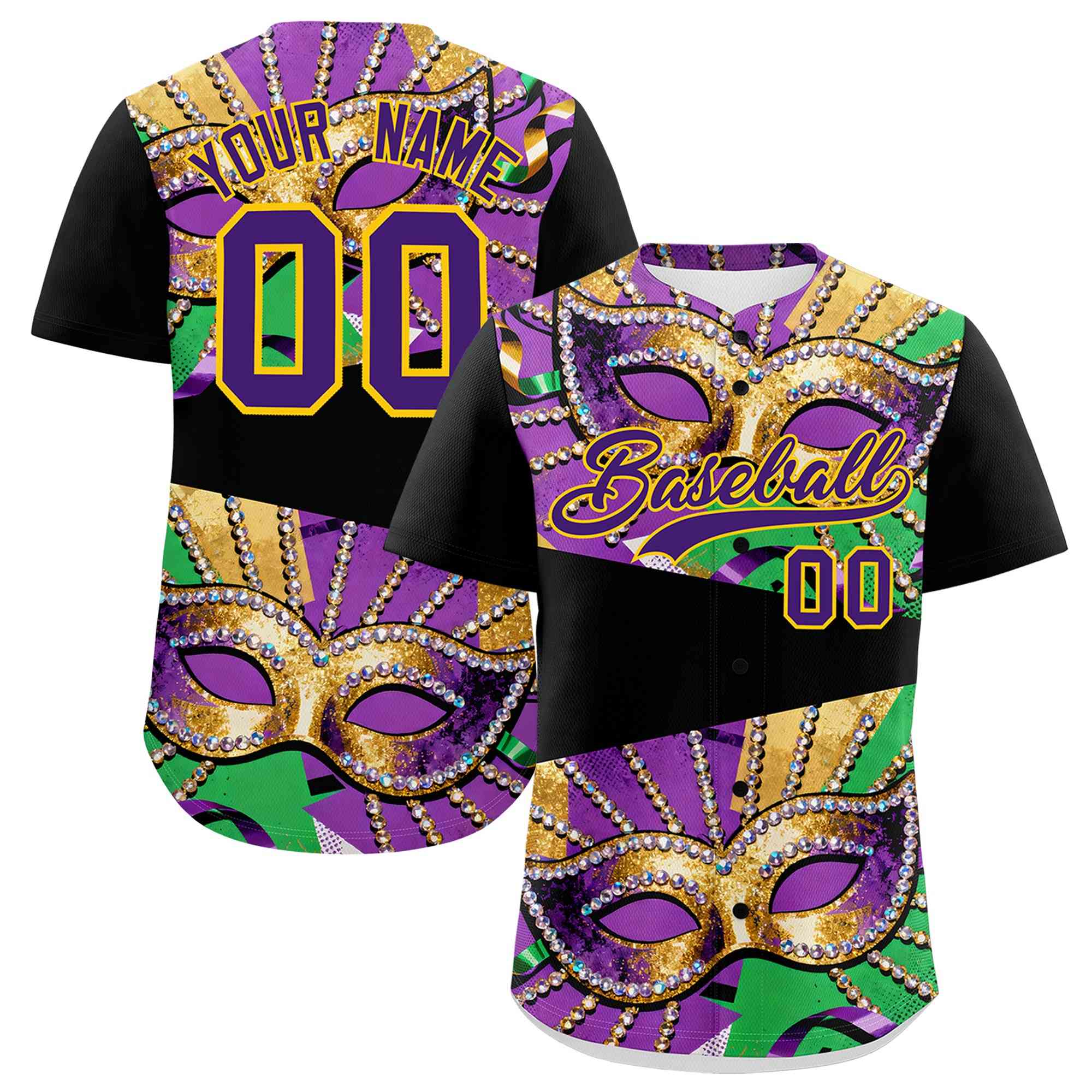 Custom Black Gold Purple Personalization Mardi Gras Authentic Baseball Jersey| KXKSHOP