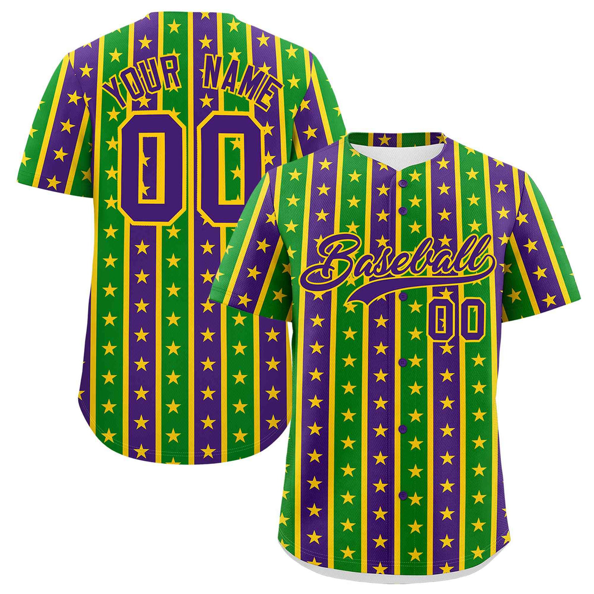Custom Purple Kelly Green Gold Stripe Personalization Mardi Gras Authentic Baseball Jersey| KXKSHOP