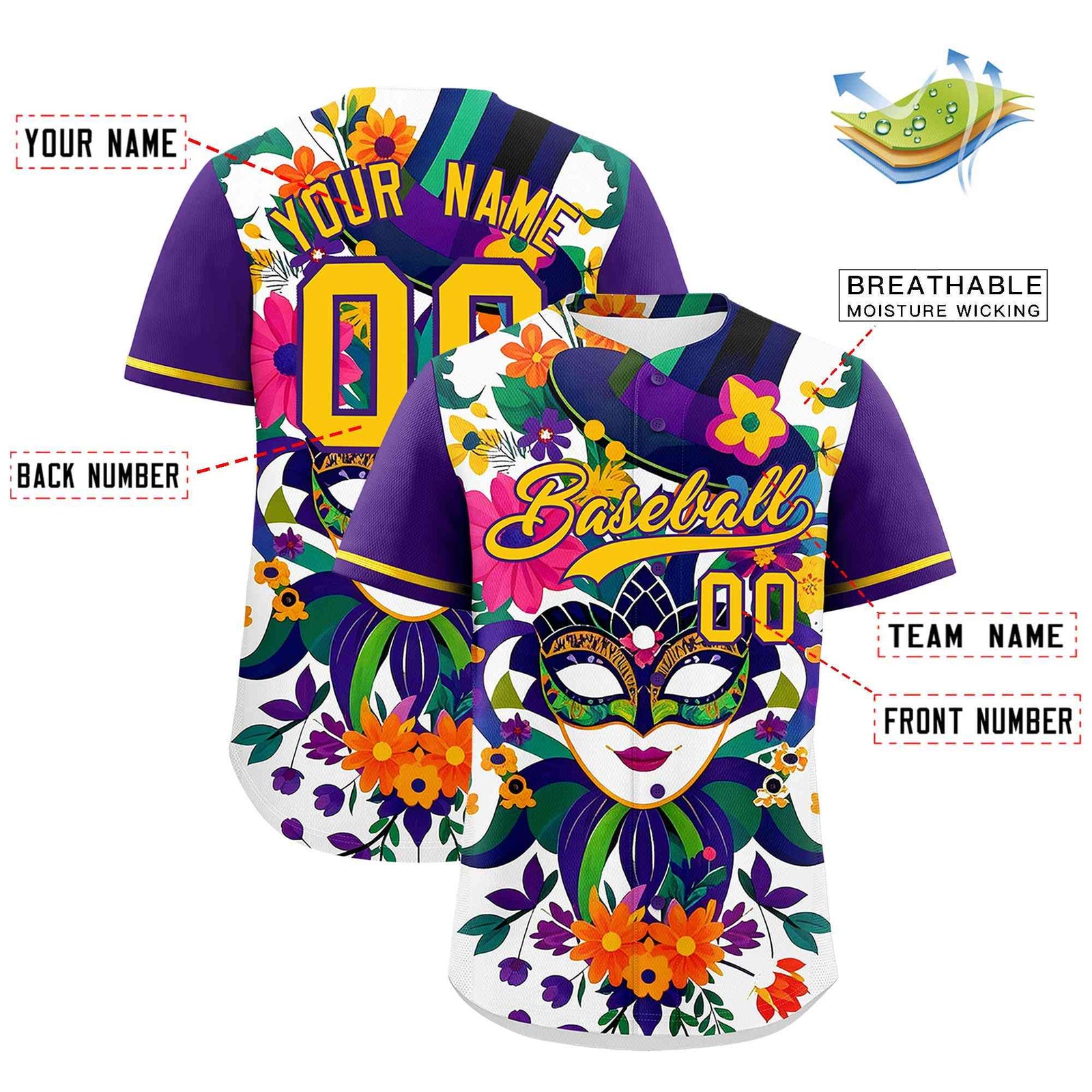 Custom White Purple Personalization Mardi Gras Authentic Baseball Jersey| KXKSHOP
