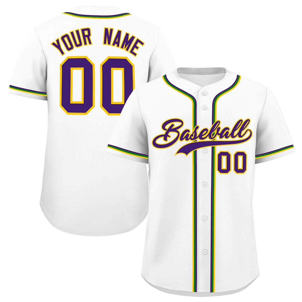 Custom White Purple Gold Kelly Green Personalization Mardi Gras Authentic Baseball Jersey| KXKSHOP