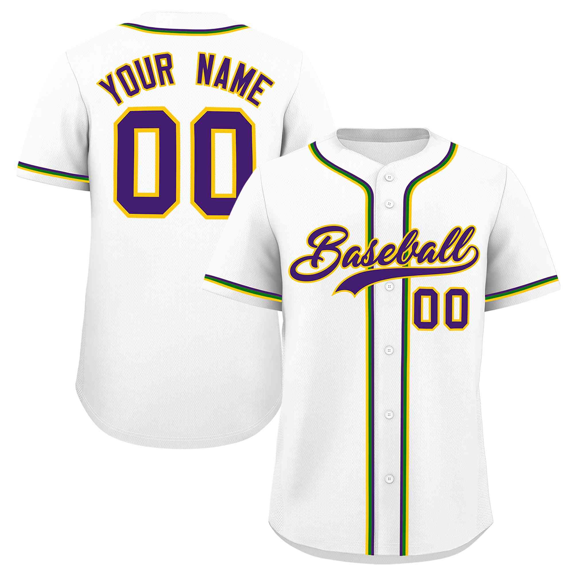 Custom White Purple Gold Kelly Green Personalization Mardi Gras Authentic Baseball Jersey| KXKSHOP